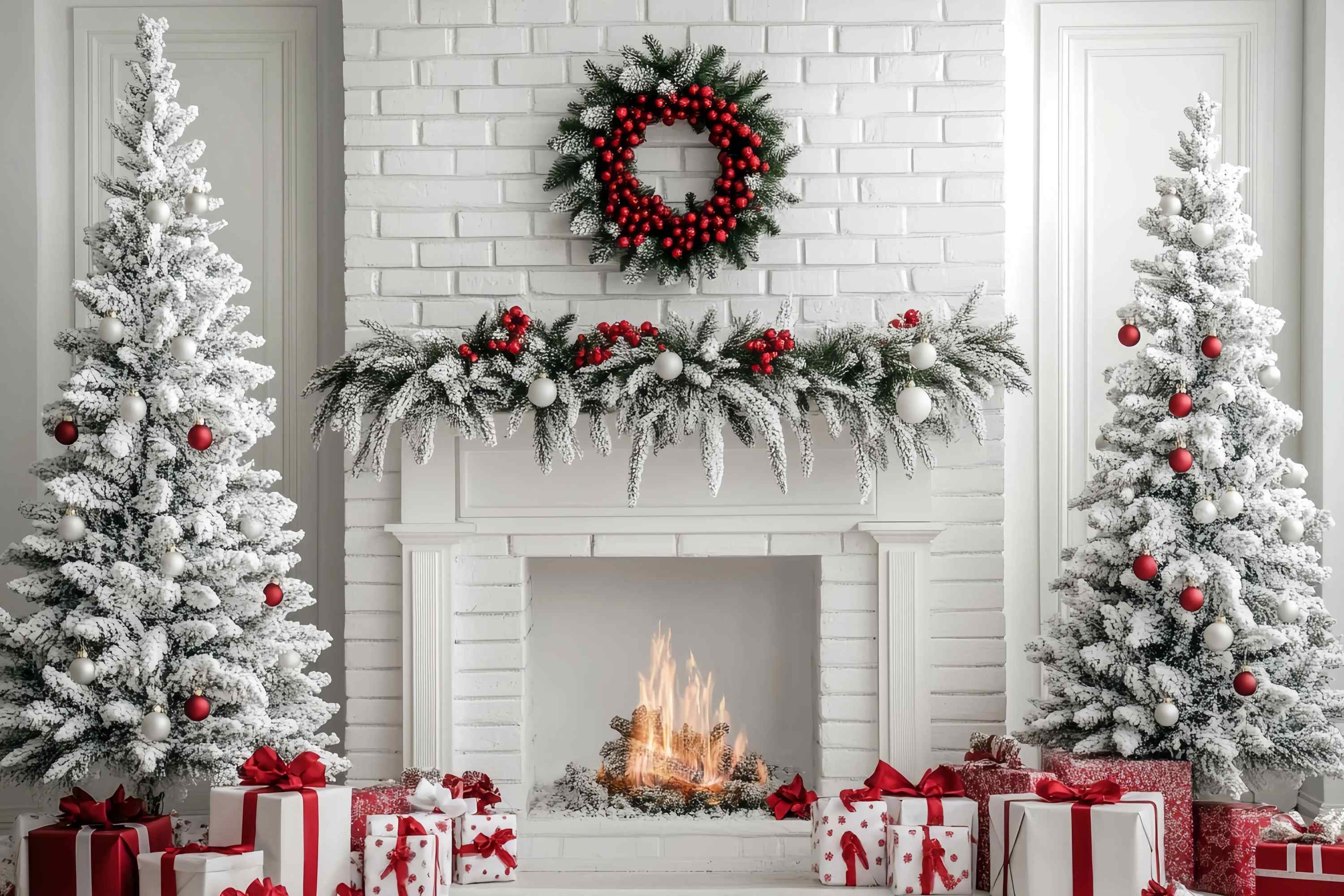 Toile de fond photo Noël Cheminée Brique Blanche Sapins Enneigés TWW58-63