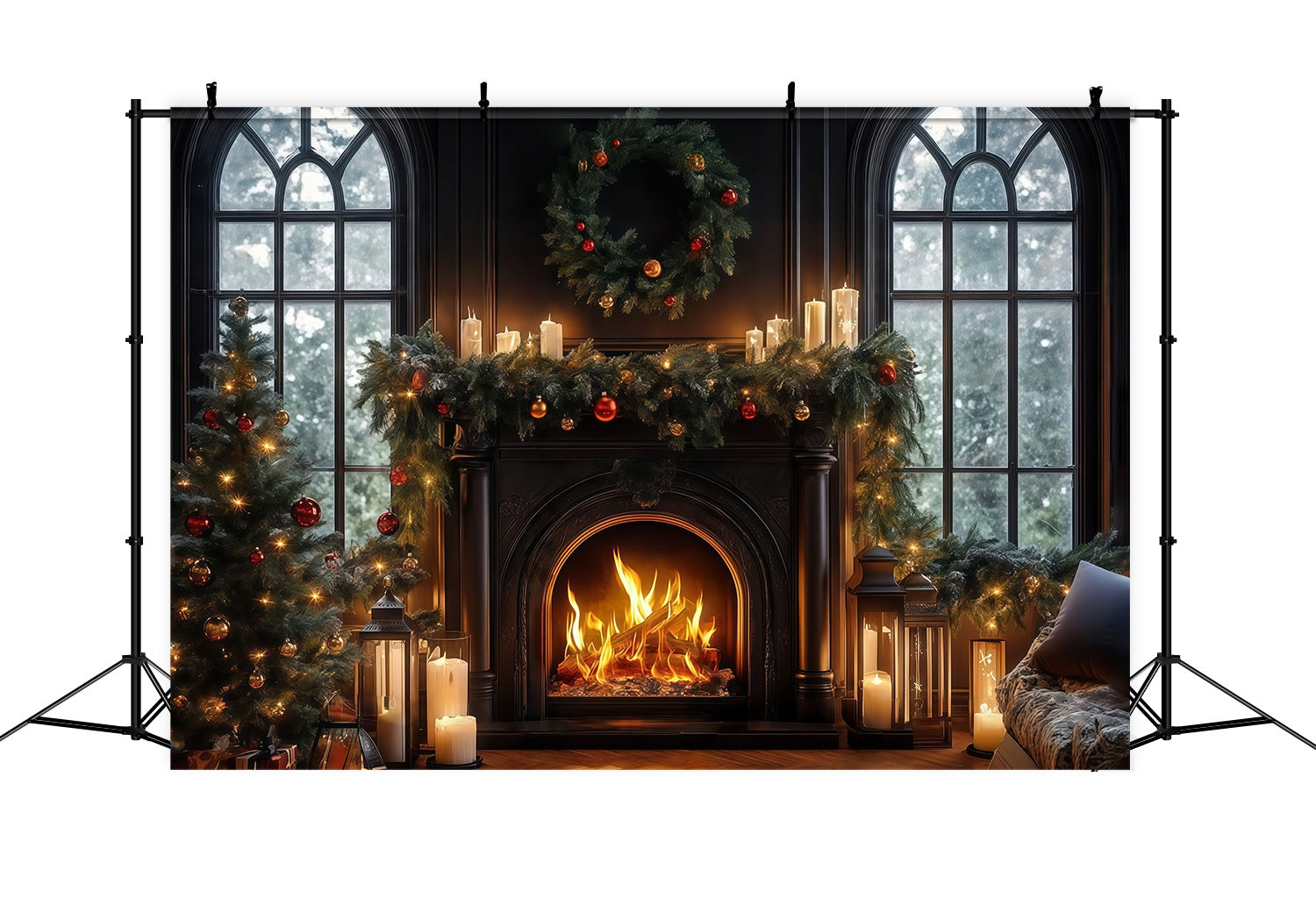 Toile de fond Noël Cheminée Noire Bougies Couronne TWW58-64