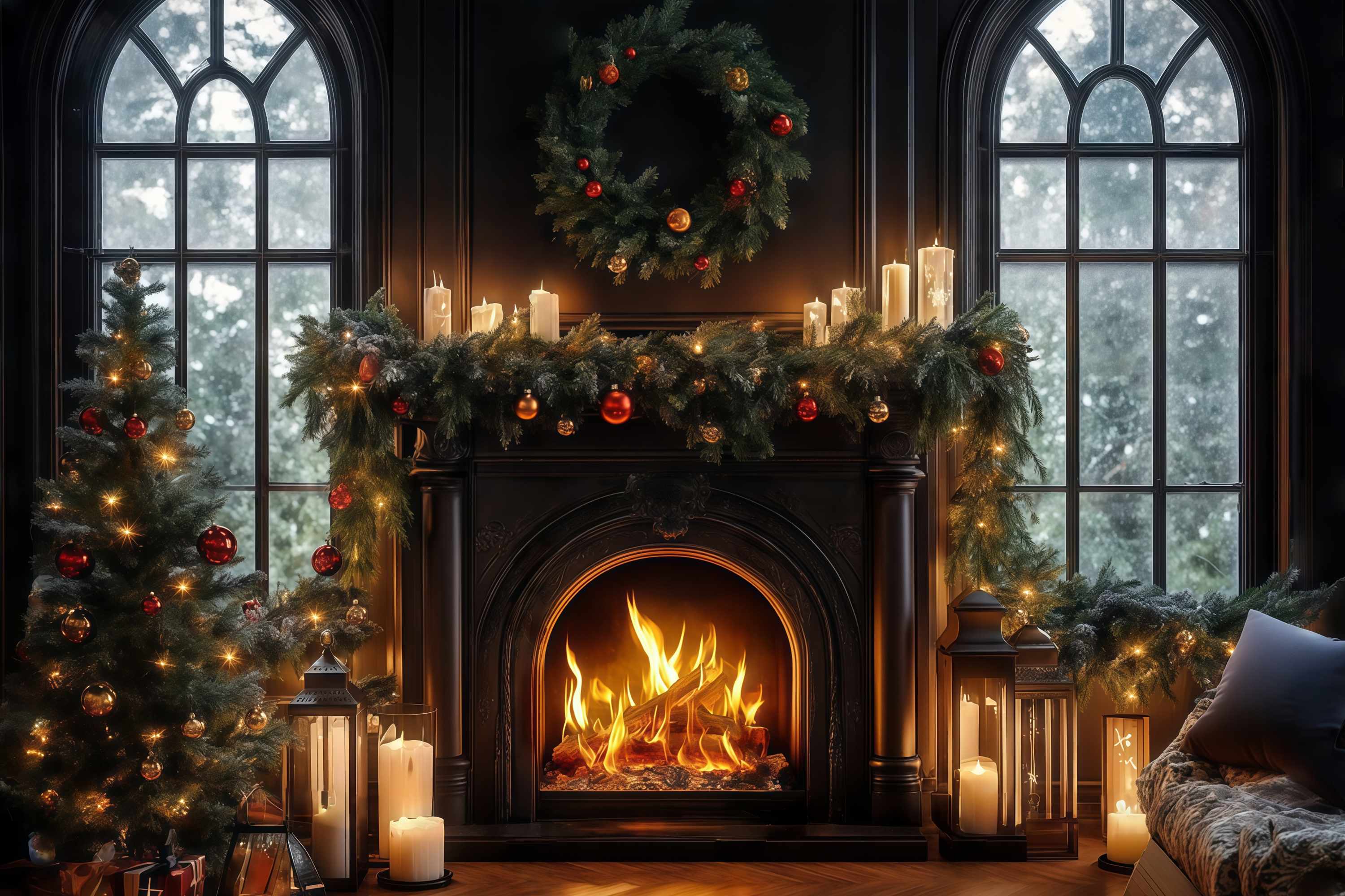 Toile de fond Noël Cheminée Noire Bougies Couronne TWW58-64