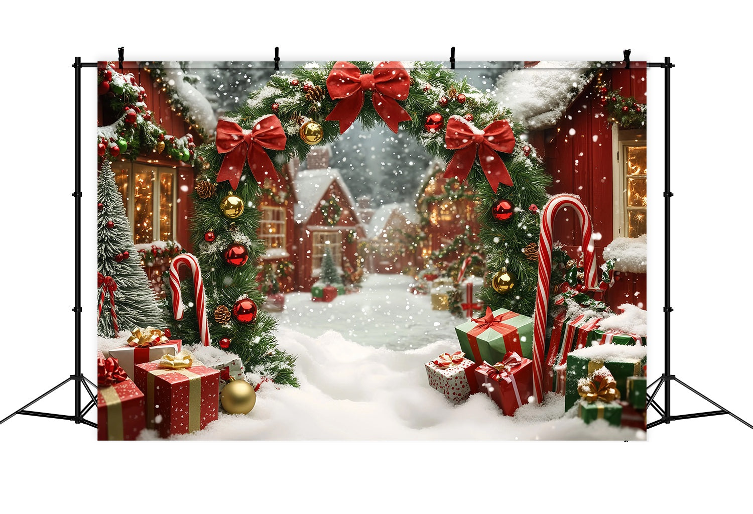 Toile de fond Noël Village Enneigé Arche Cadeaux et Guirlande TWW58-65