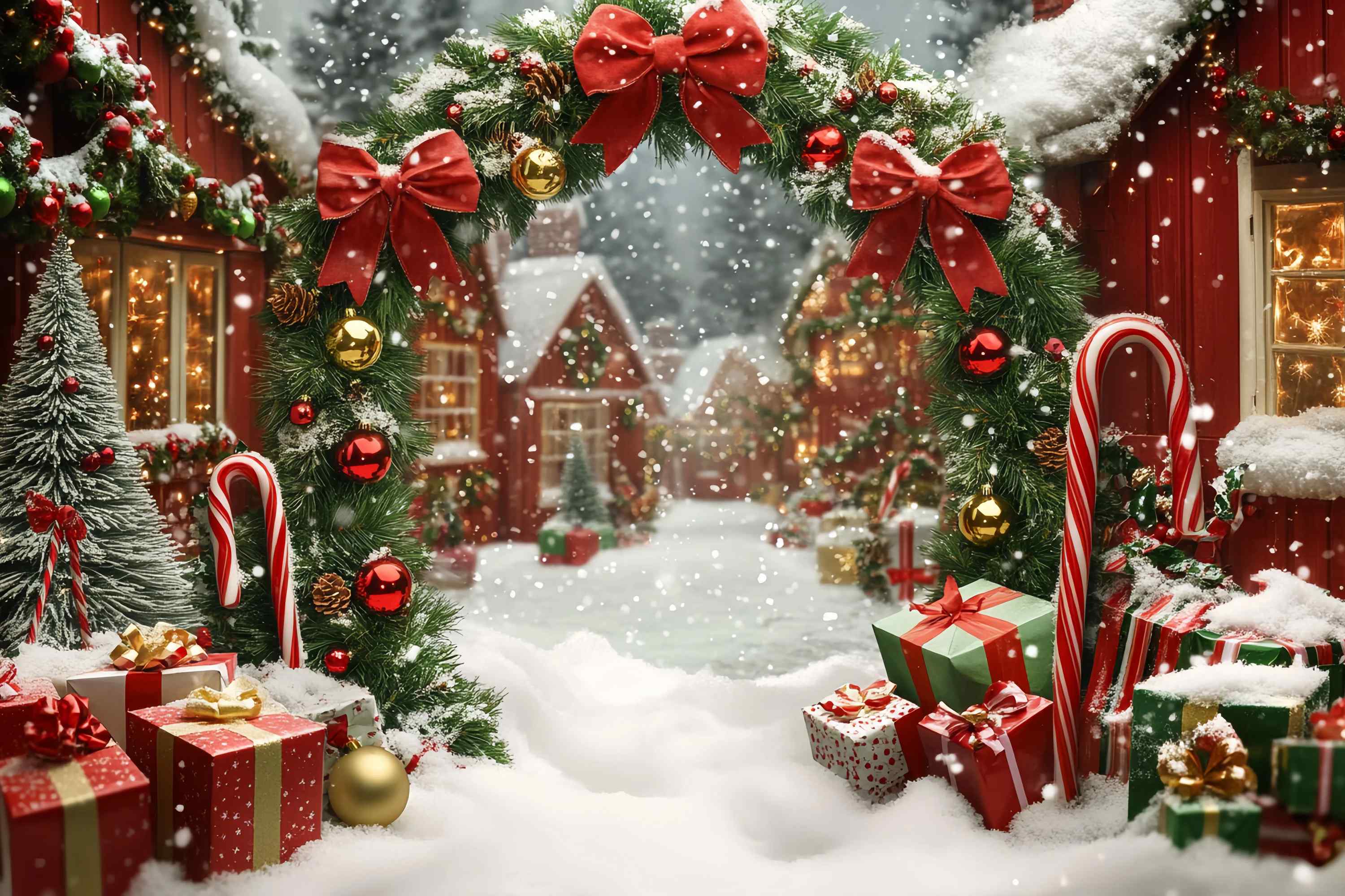Toile de fond Noël Village Enneigé Arche Cadeaux et Guirlande TWW58-65