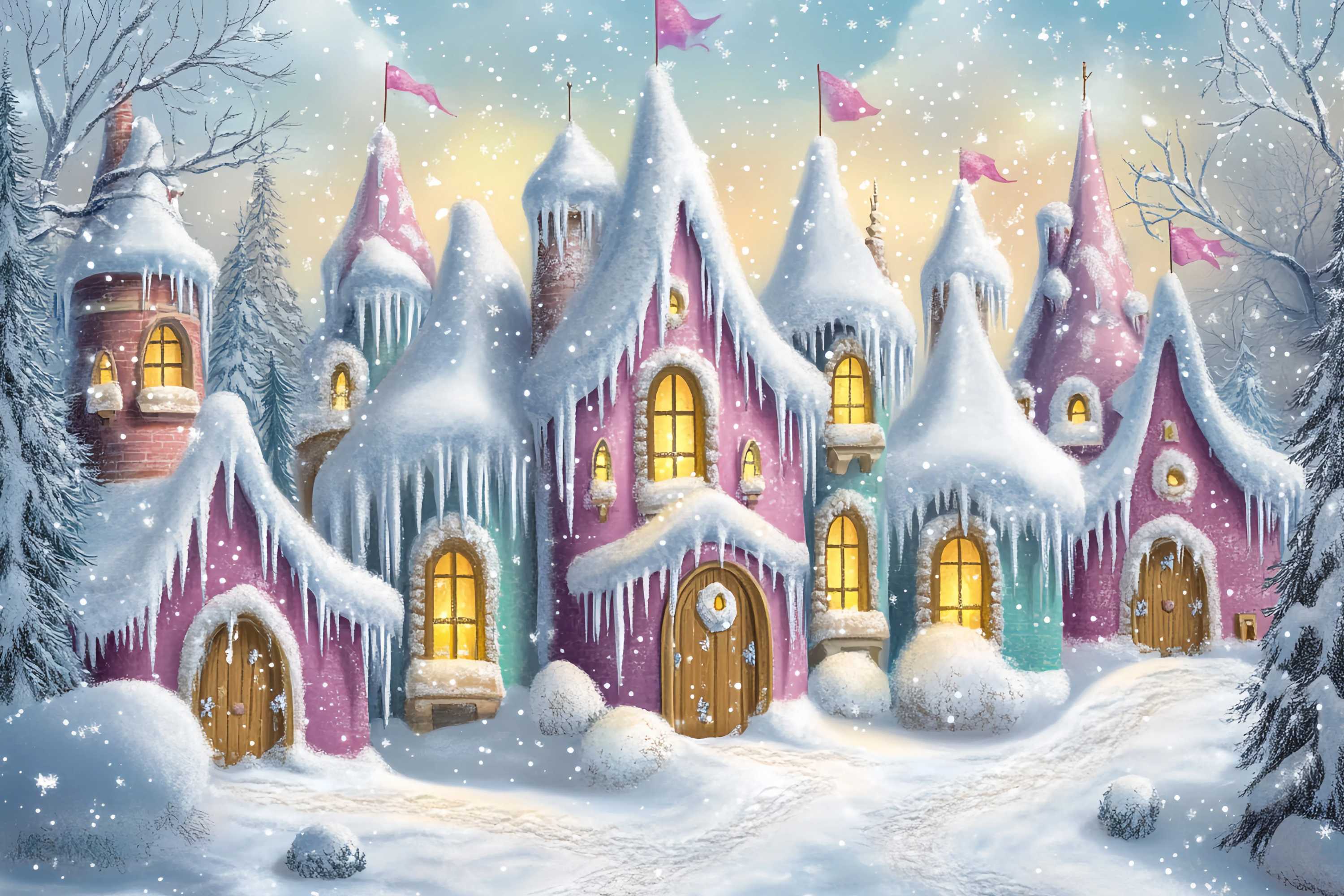 Toile de fond Noël Village Rangée de Maisons Glaçons Sucrés TWW58-66