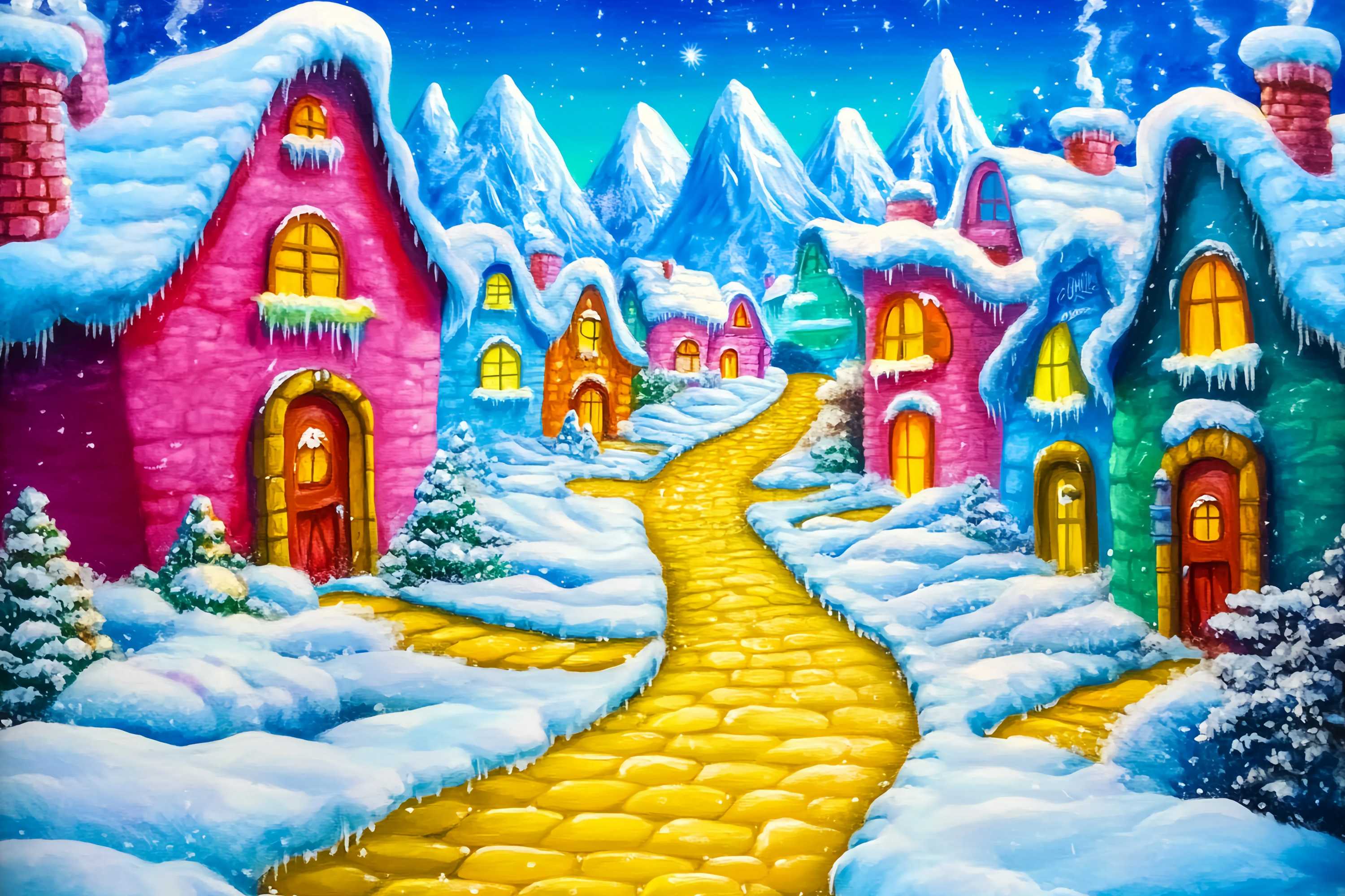 Toile de fond photo Noël Village Cottages Colorés Neige Chemin Doré TWW58-67