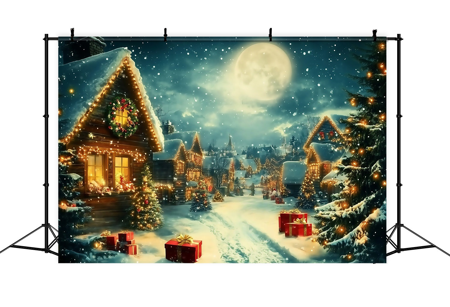 Toile de fond Noël Village Clair de Lune Neige Lumières Cadeaux TWW58-68