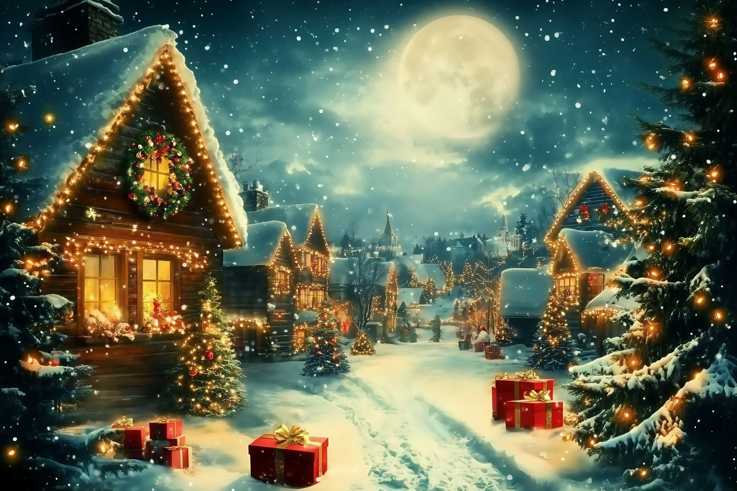 Toile de fond Noël Village Clair de Lune Neige Lumières Cadeaux TWW58-68