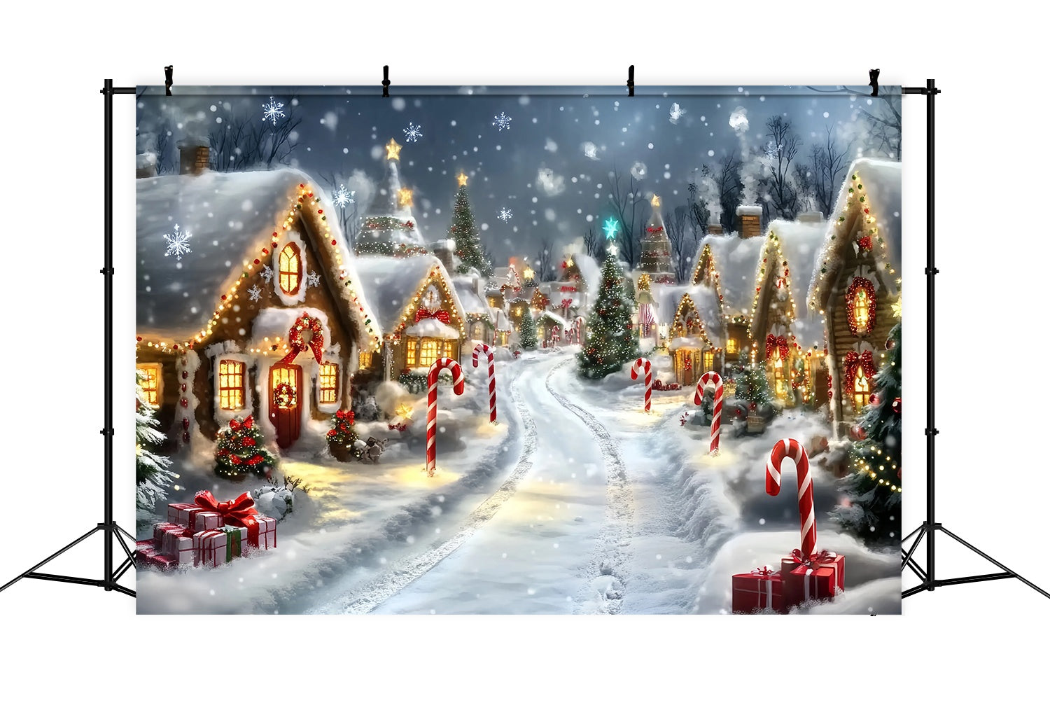 Toile de fond Noël Pays des Bonbons Maison Pain d’Épices Allée Sucrée Enneigée TWW58-69
