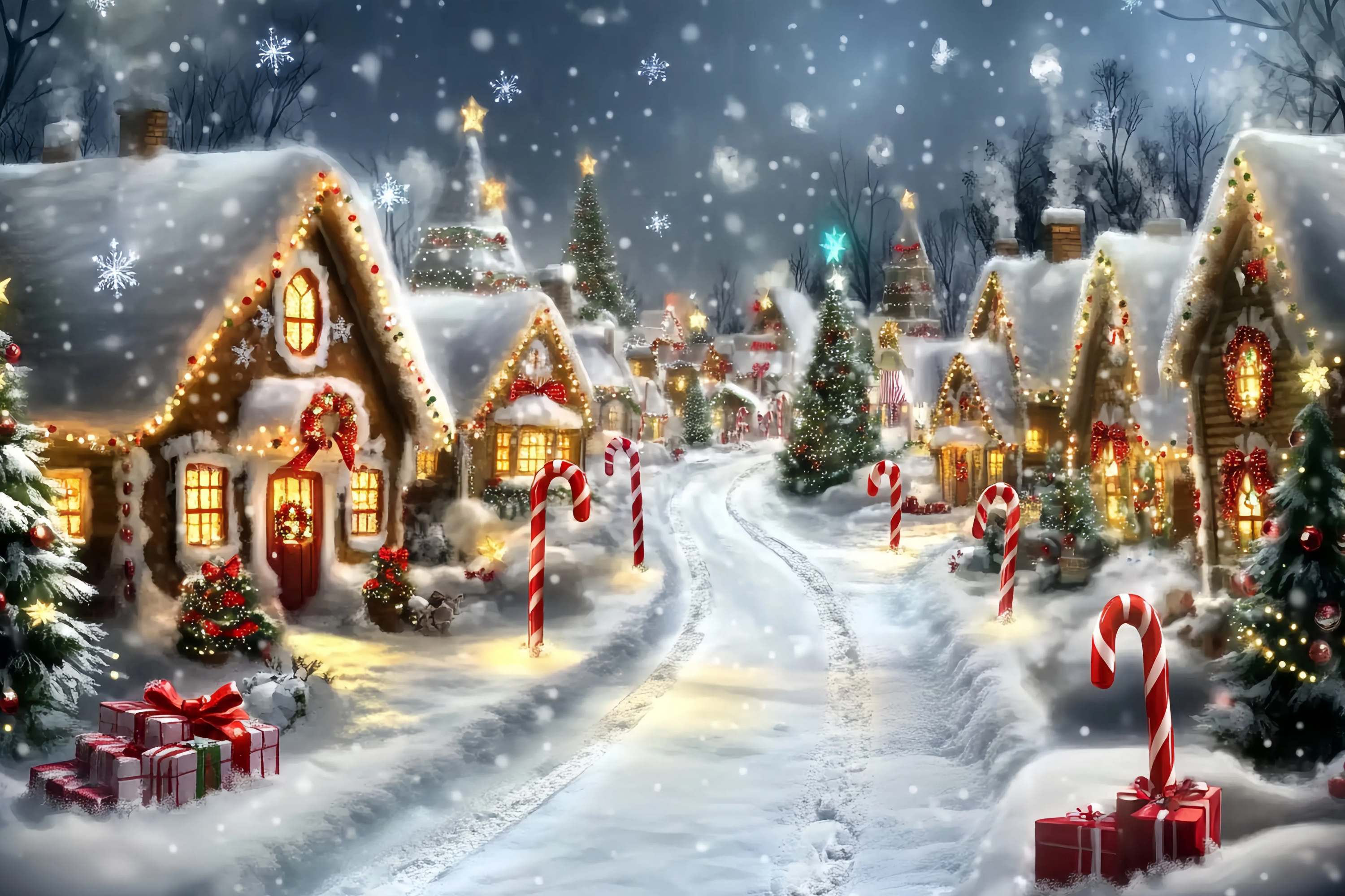 Toile de fond Noël Pays des Bonbons Maison Pain d’Épices Allée Sucrée Enneigée TWW58-69