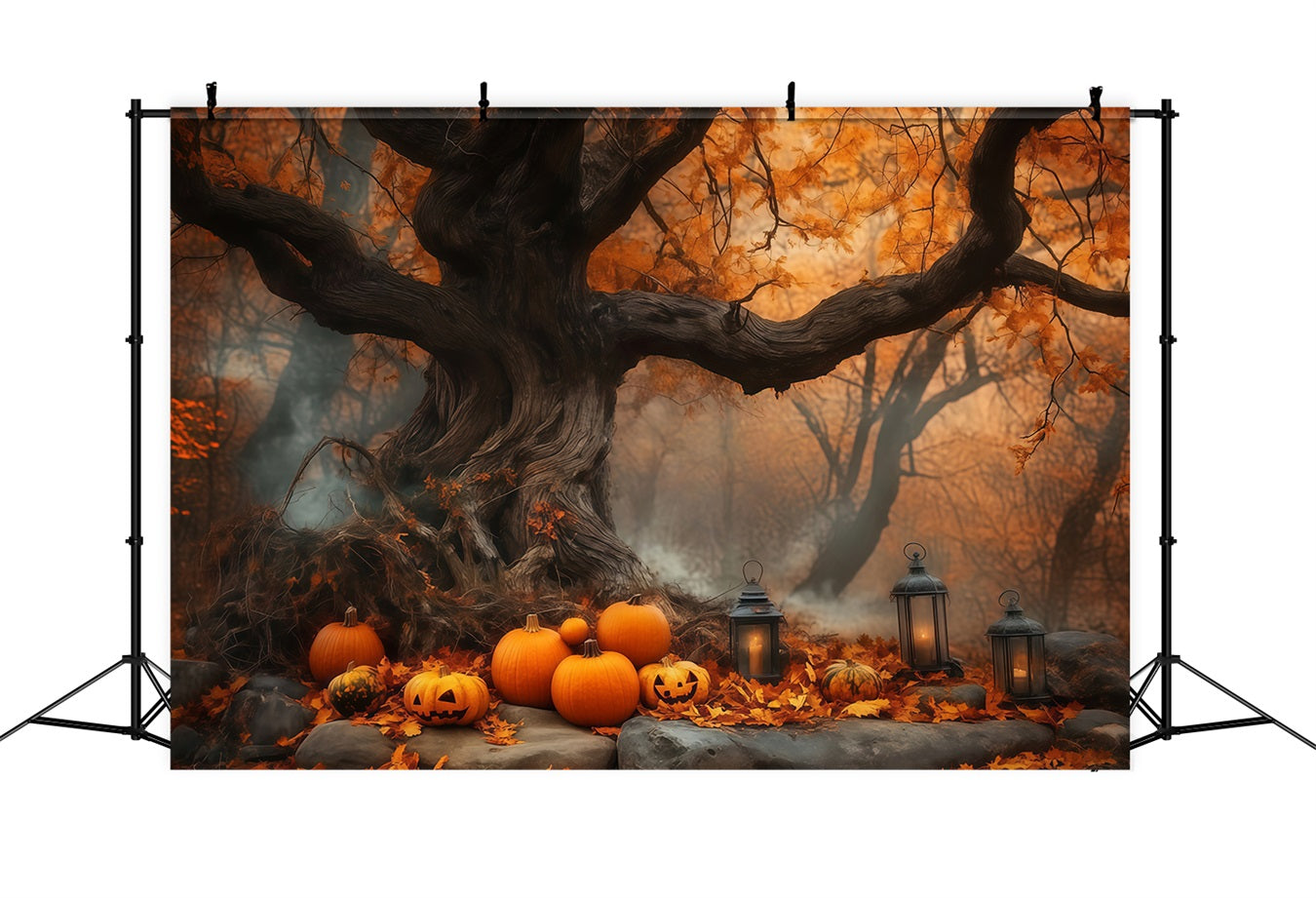 Toile Photo Halloween Champ De Citrouilles Sous Ancien Arbre D’Automne TWW58-7