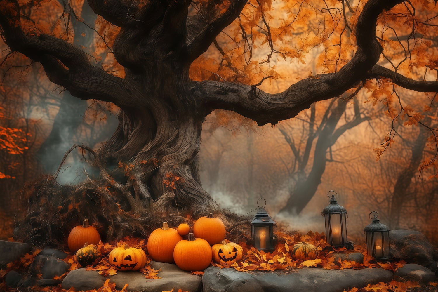 Toile Photo Halloween Champ De Citrouilles Sous Ancien Arbre D’Automne TWW58-7