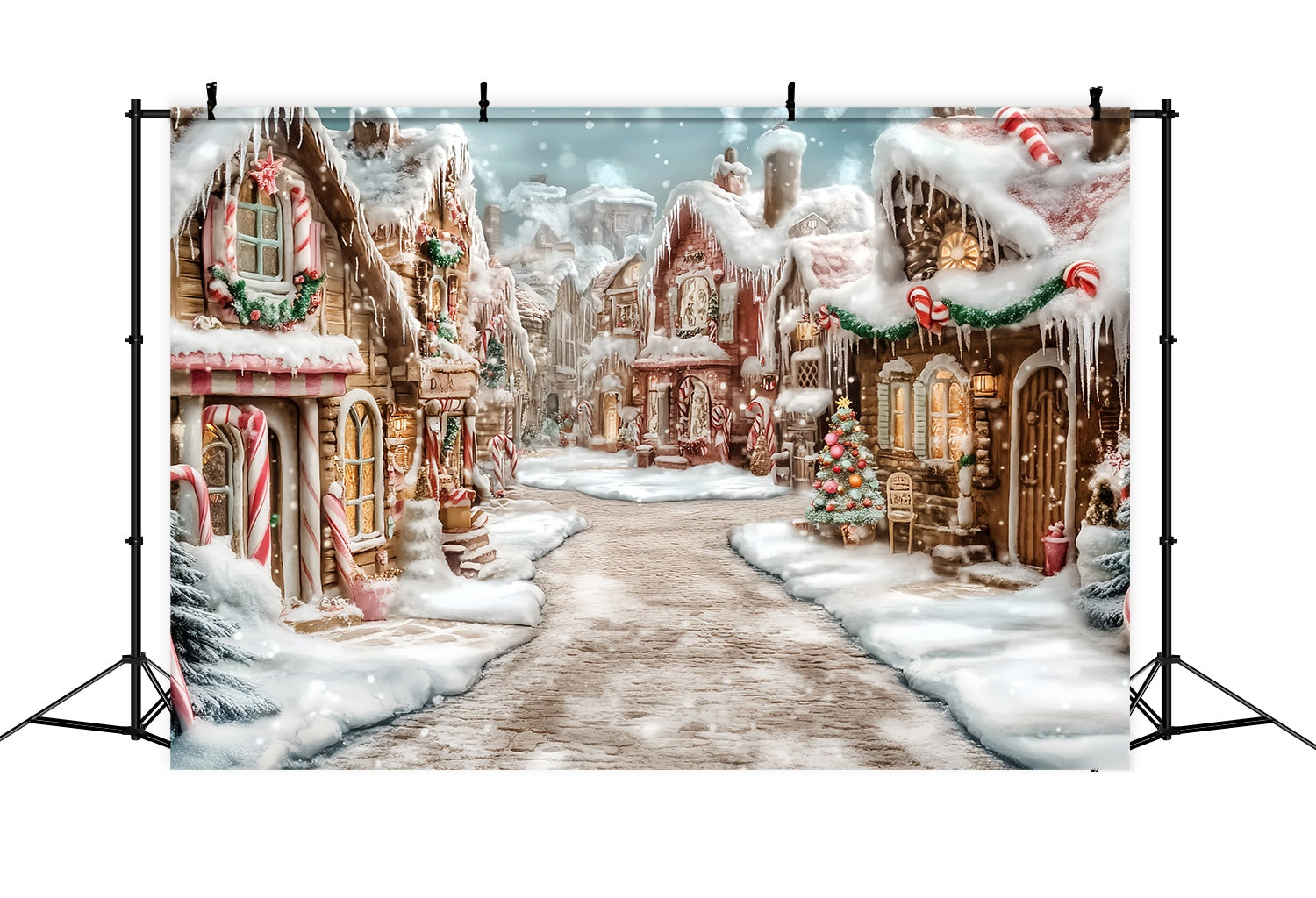 Toile de fond photo Noël Pays des Bonbons Village Pain d’Épices givré Allée Sucrée TWW58-70