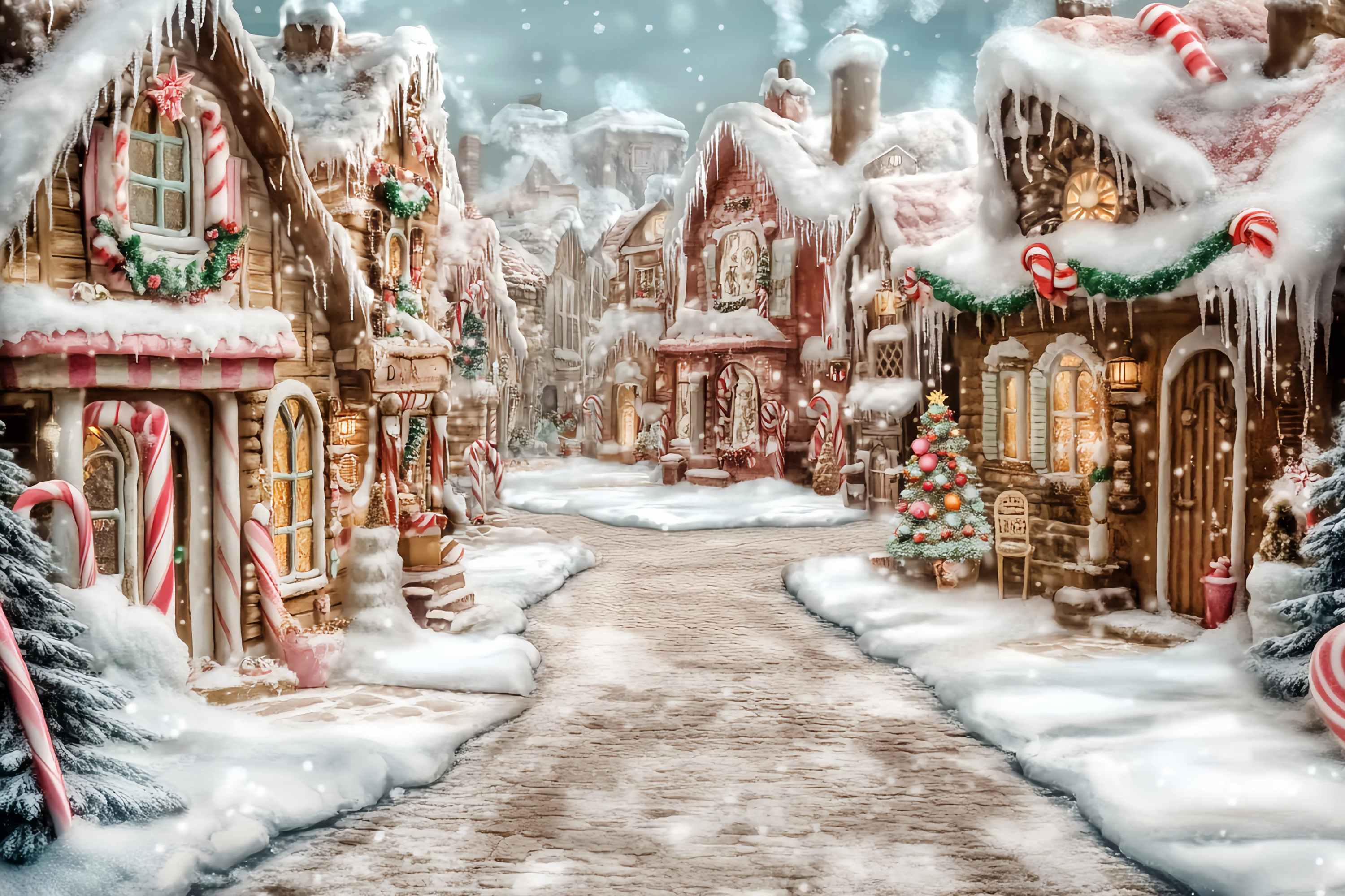 Toile de fond photo Noël Pays des Bonbons Village Pain d’Épices givré Allée Sucrée TWW58-70