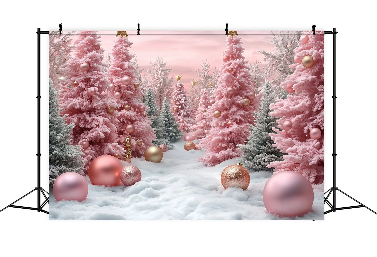 Toile de fond Noël Sapins Roses Enneigés Décor Boules TWW58-71