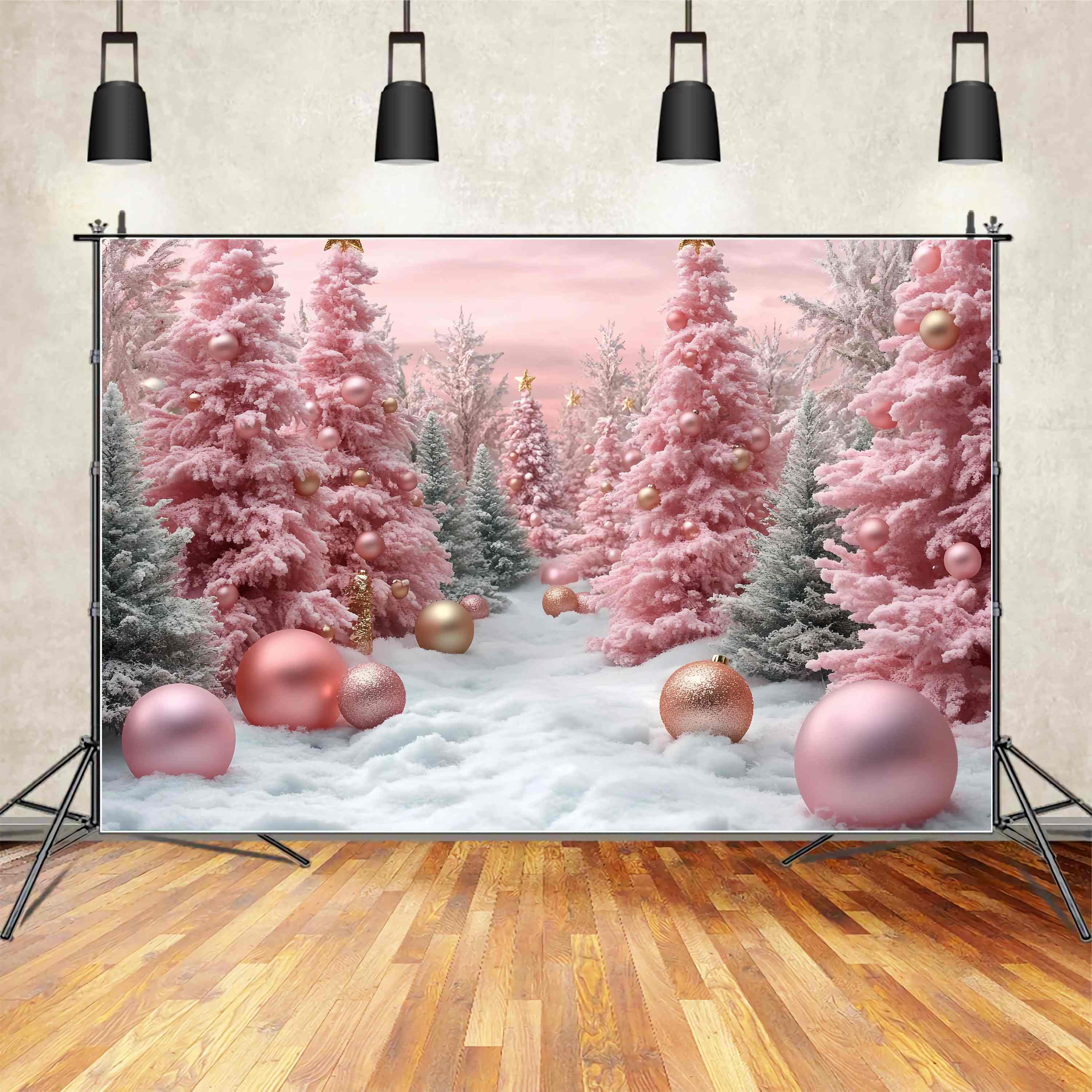 Toile de fond Noël Sapins Roses Enneigés Décor Boules TWW58-71