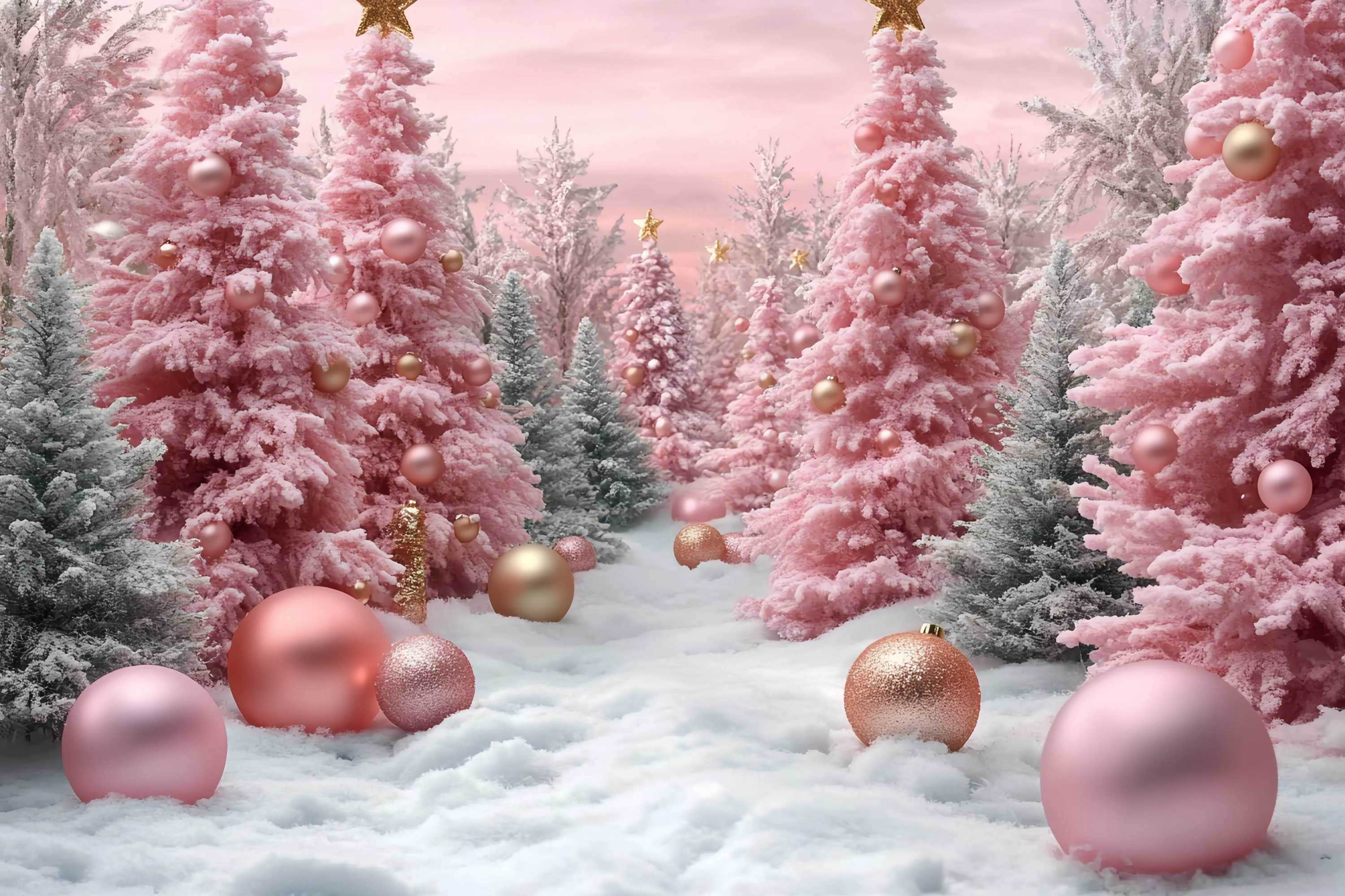 Toile de fond Noël Sapins Roses Enneigés Décor Boules TWW58-71