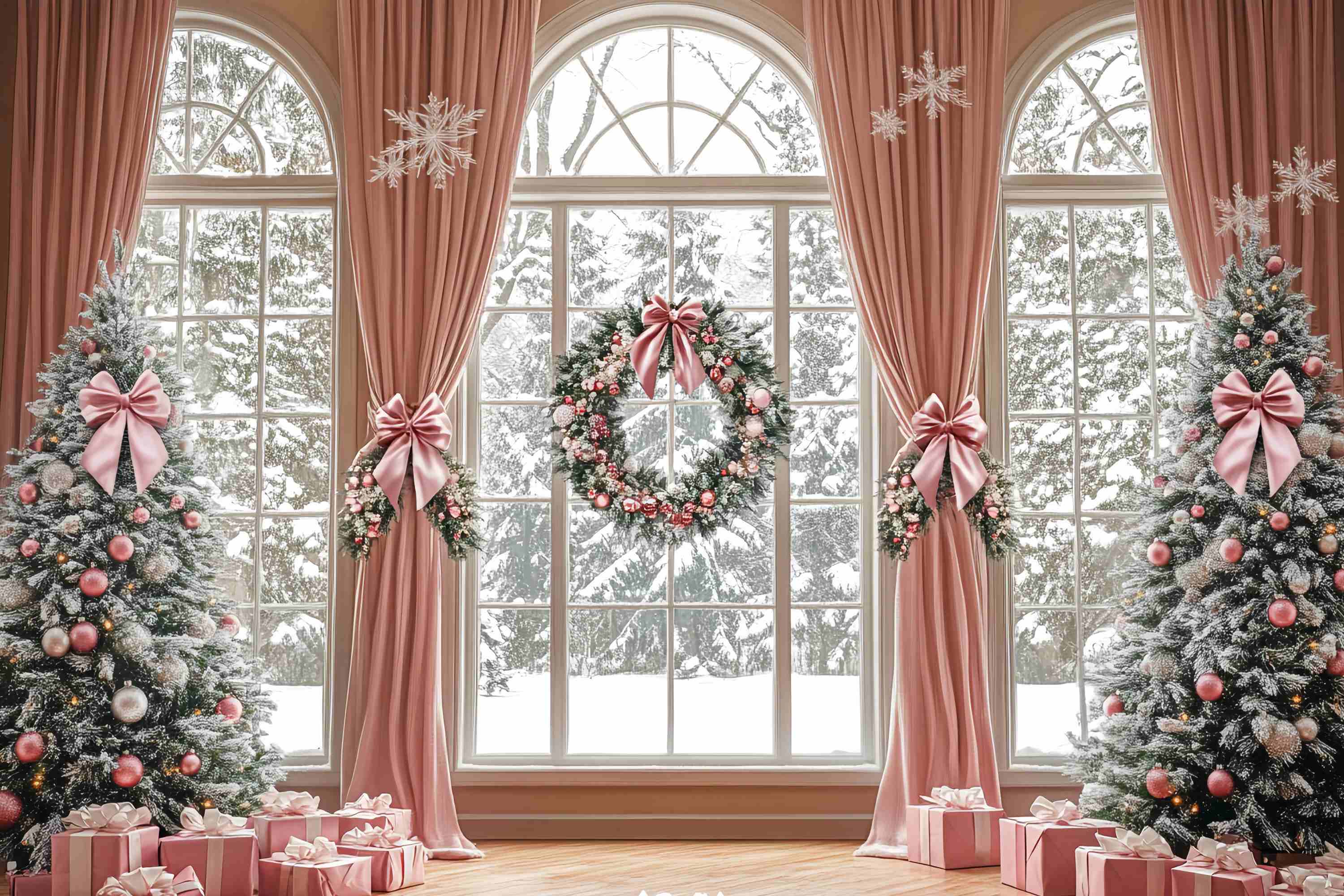 Toile de fond photo Noël Rideau Rose Élégant Pays des Merveilles Hivernal TWW58-73