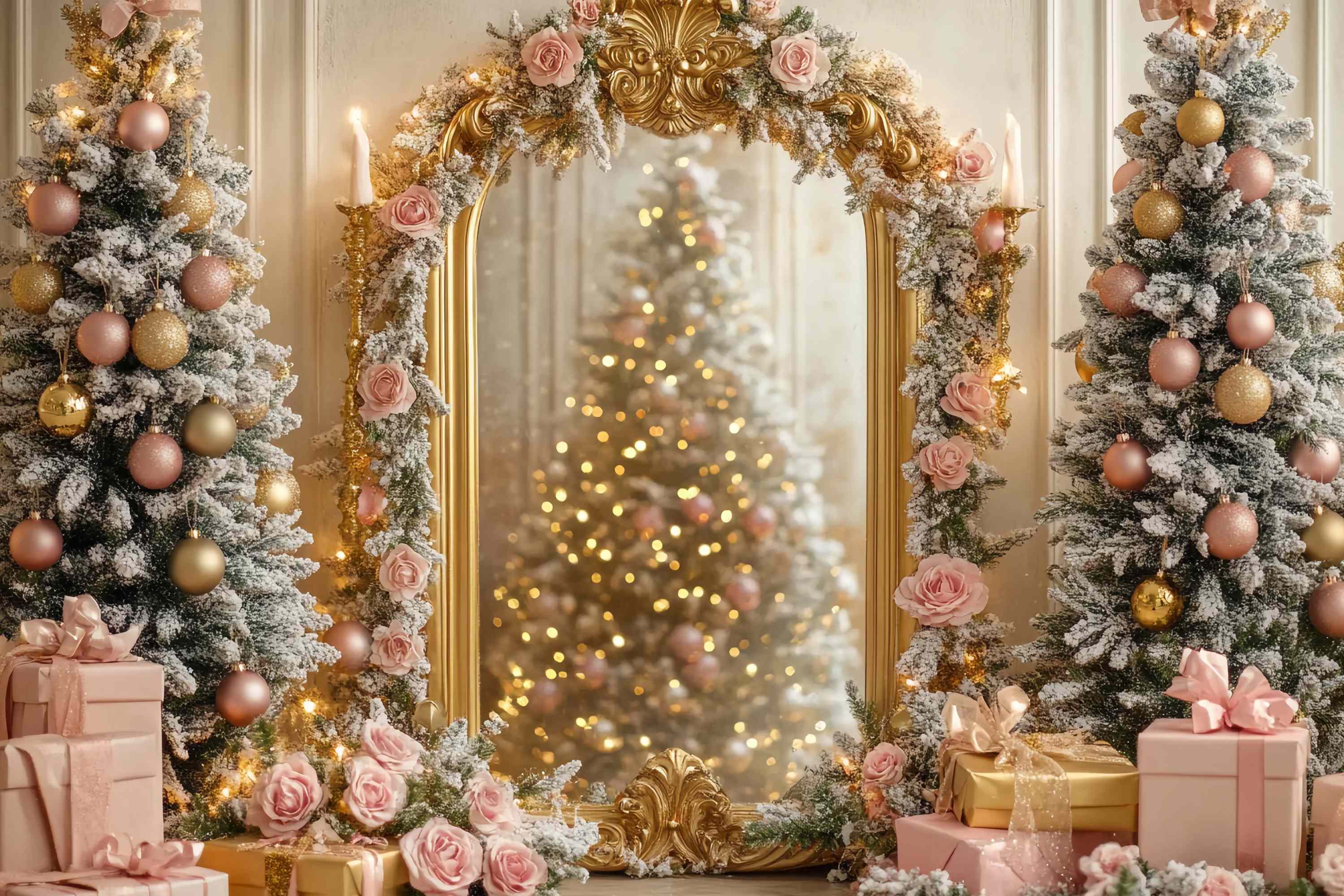 Toile de fond Noël Sapin Rose Miroir Doré Éclat Rosé TWW58-75