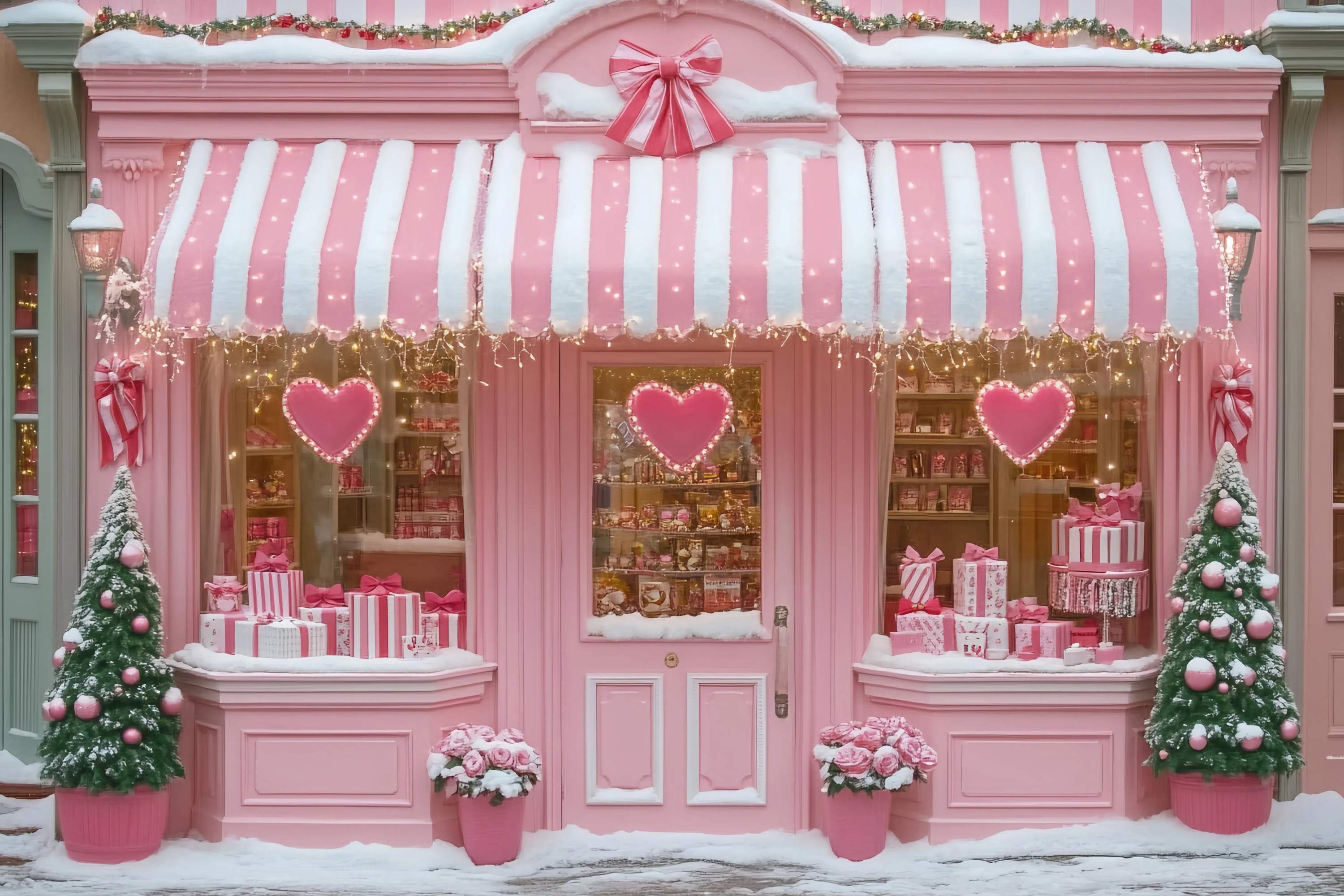 Toile de fond Noël Boutique Sucrée Rose Cœur Charme Festif TWW58-76