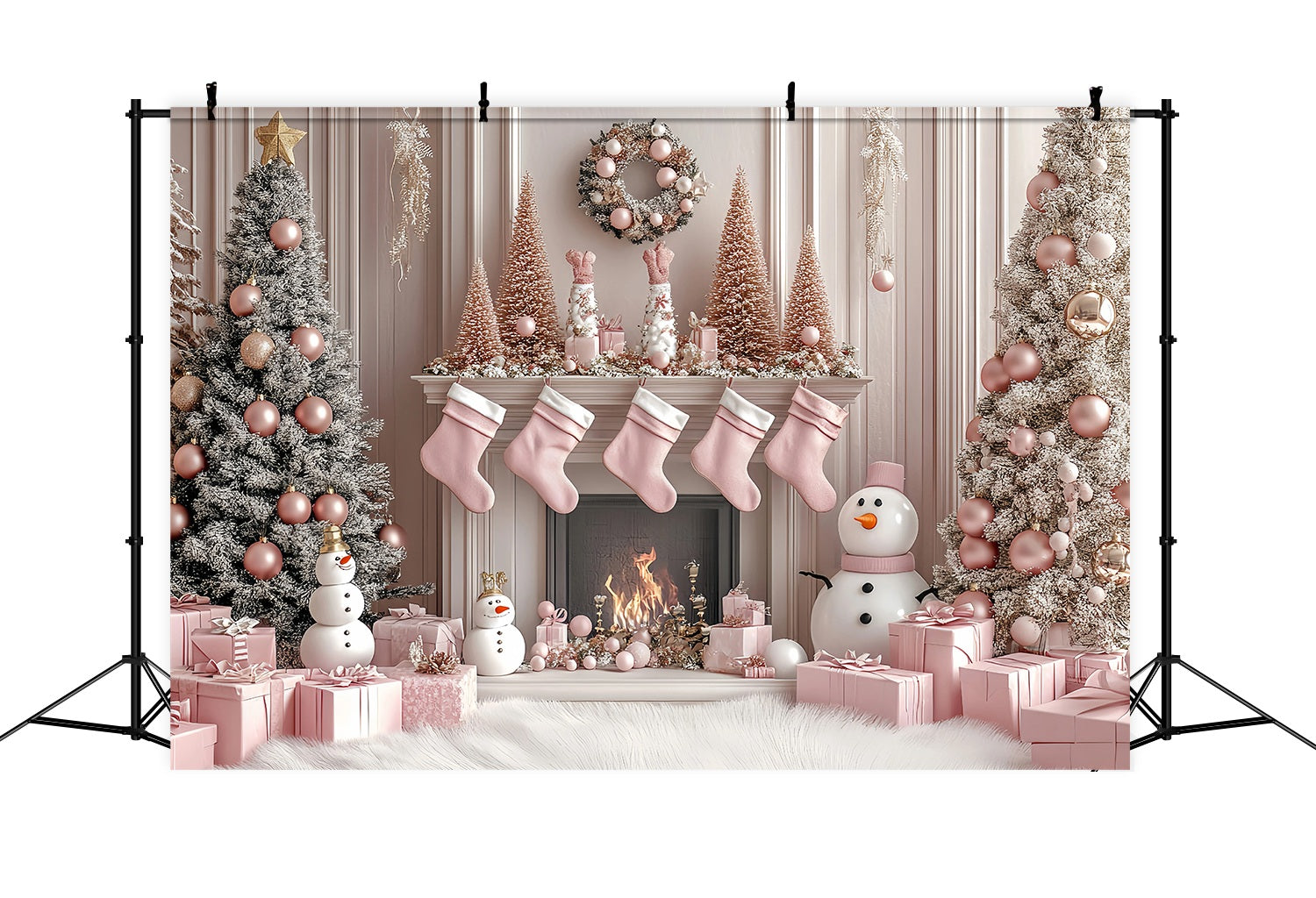 Toile de fond Noël Bonhomme de Neige Rose Cheminée Pays des Merveilles TWW58-77