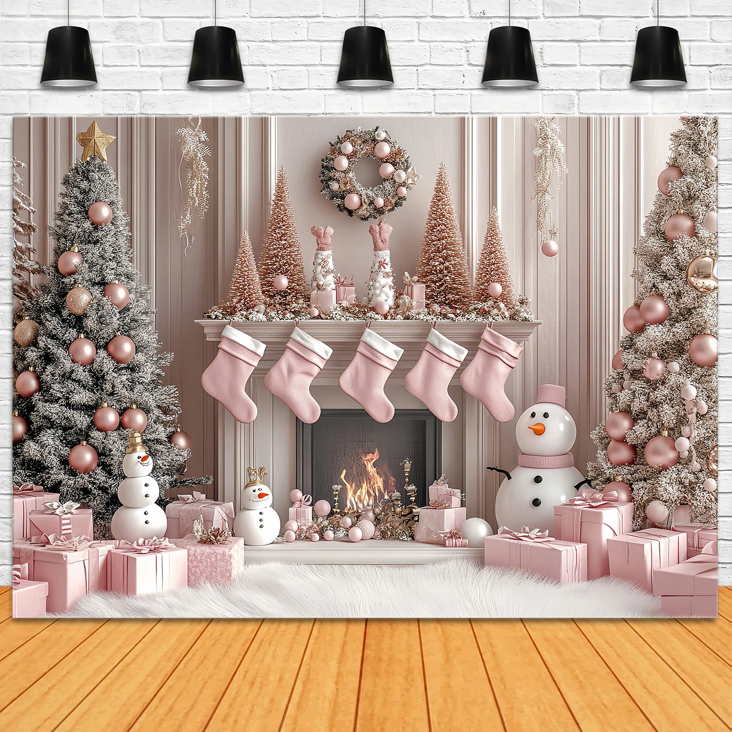 Toile de fond Noël Bonhomme de Neige Rose Cheminée Pays des Merveilles TWW58-77
