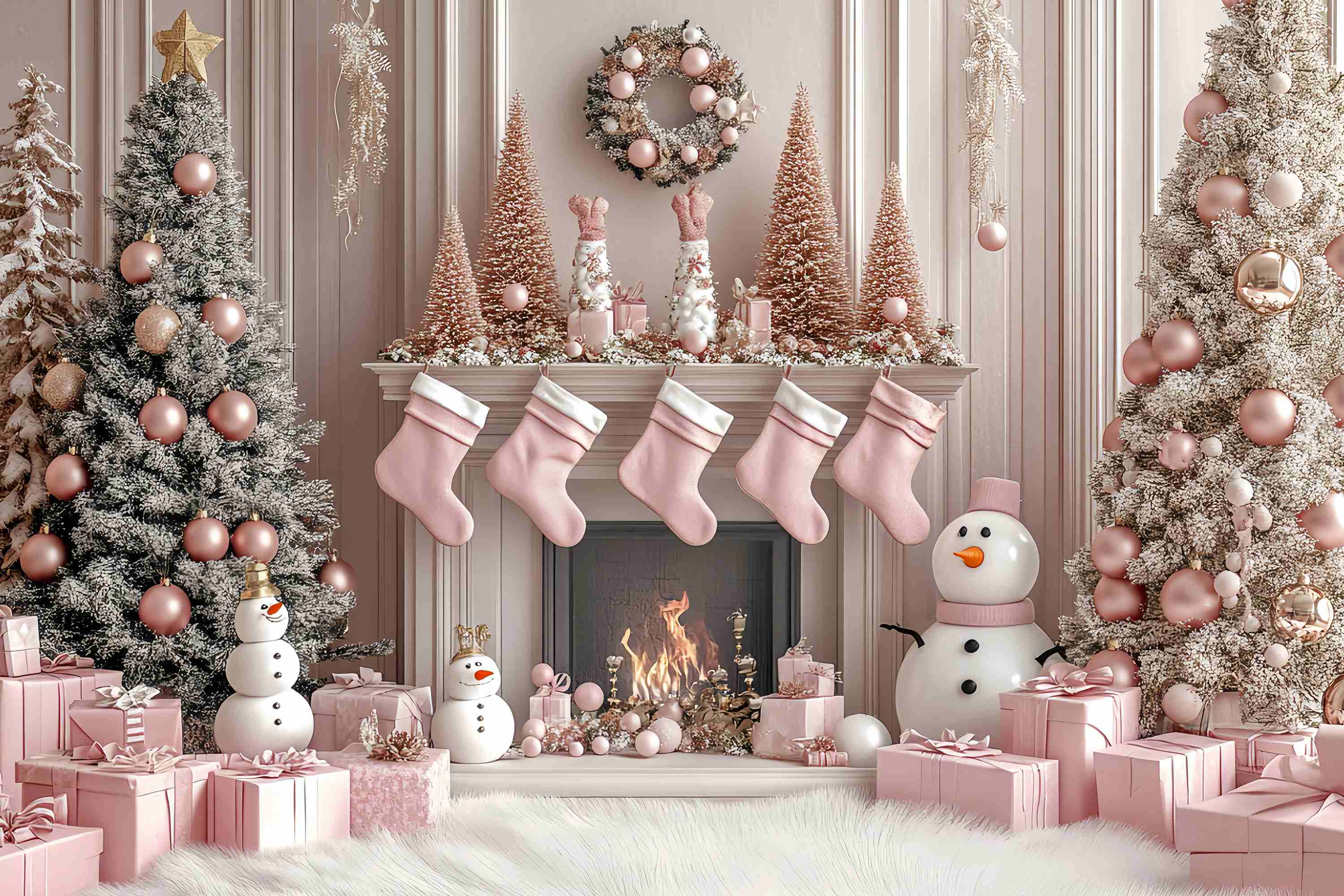 Toile de fond Noël Bonhomme de Neige Rose Cheminée Pays des Merveilles TWW58-77
