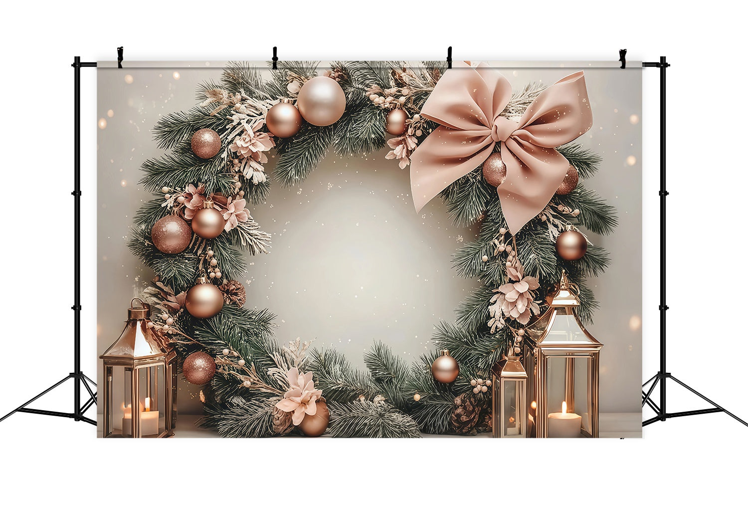 Toile de fond Noël Couronne de Pin et Boules Roses Lanterne Lumineuse TWW58-78
