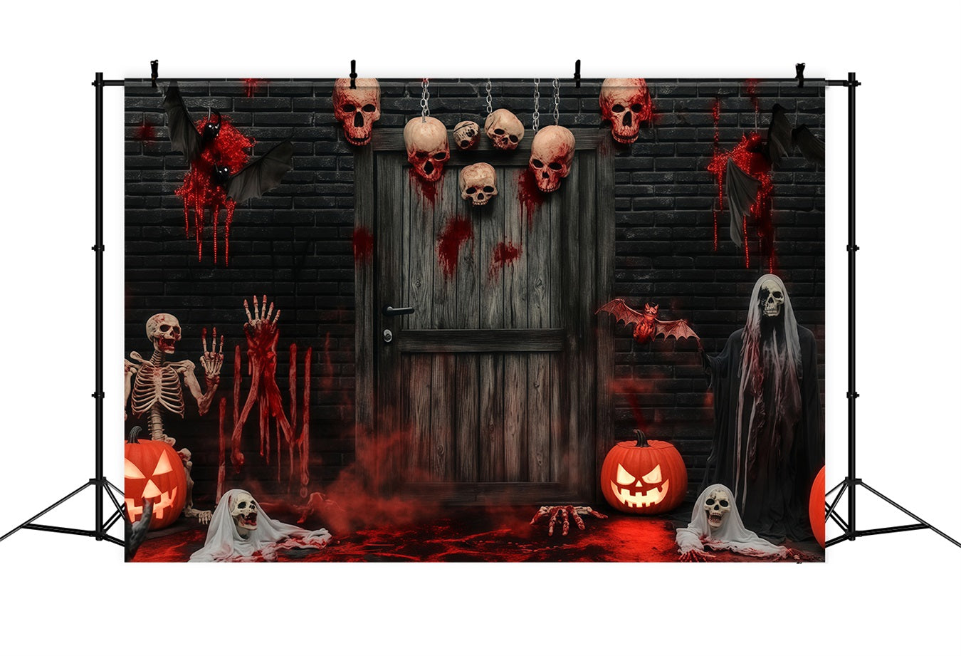 Fond Photo Halloween Porte De Garage Crânes Sanglants Et Squelettes À La Porte Hantée TWW58-8