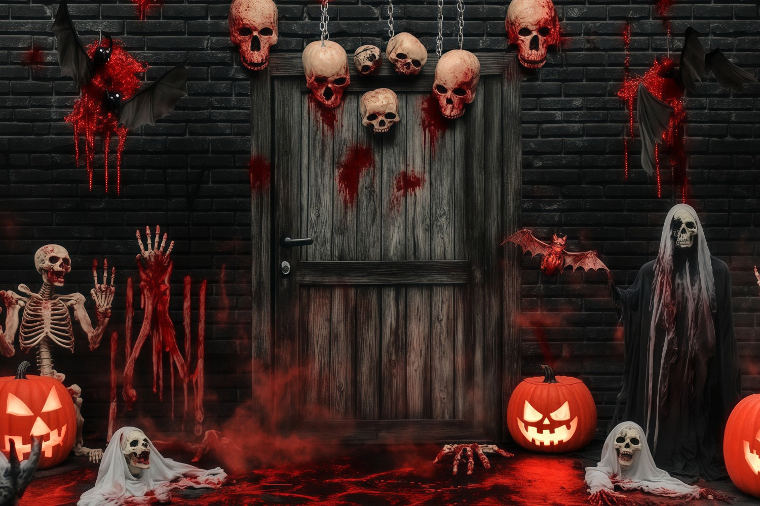 Fond Photo Halloween Porte De Garage Crânes Sanglants Et Squelettes À La Porte Hantée TWW58-8