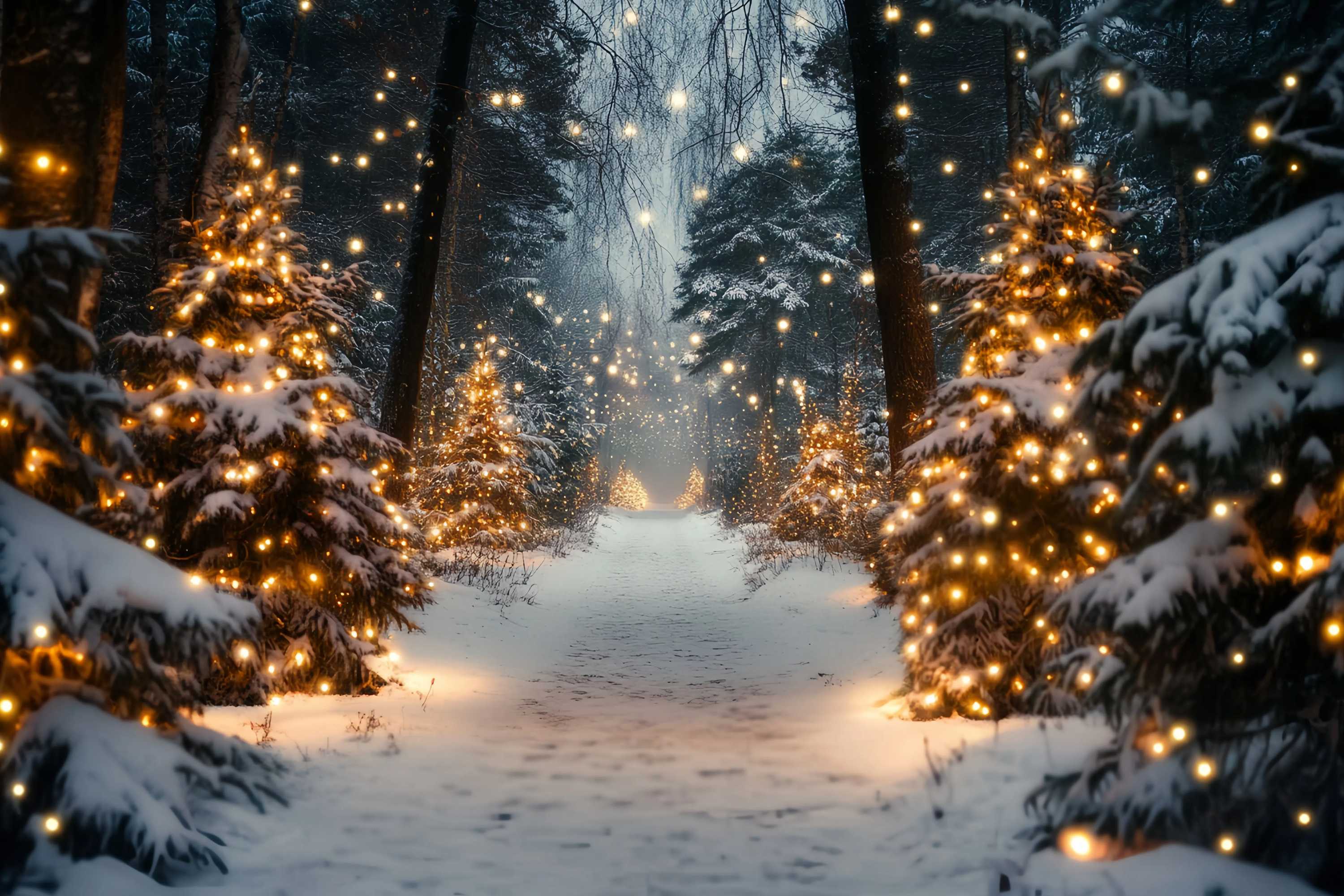Toile de fond photo Noël Ferme de Sapins Sentier Enneigé Lumière Dorée TWW58-80