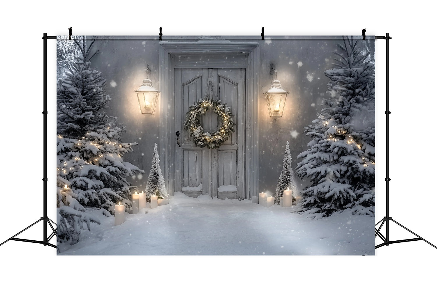 Toile de fond photo Noël Porche Enneigé Lanterne Lumière de Bougie TWW58-82