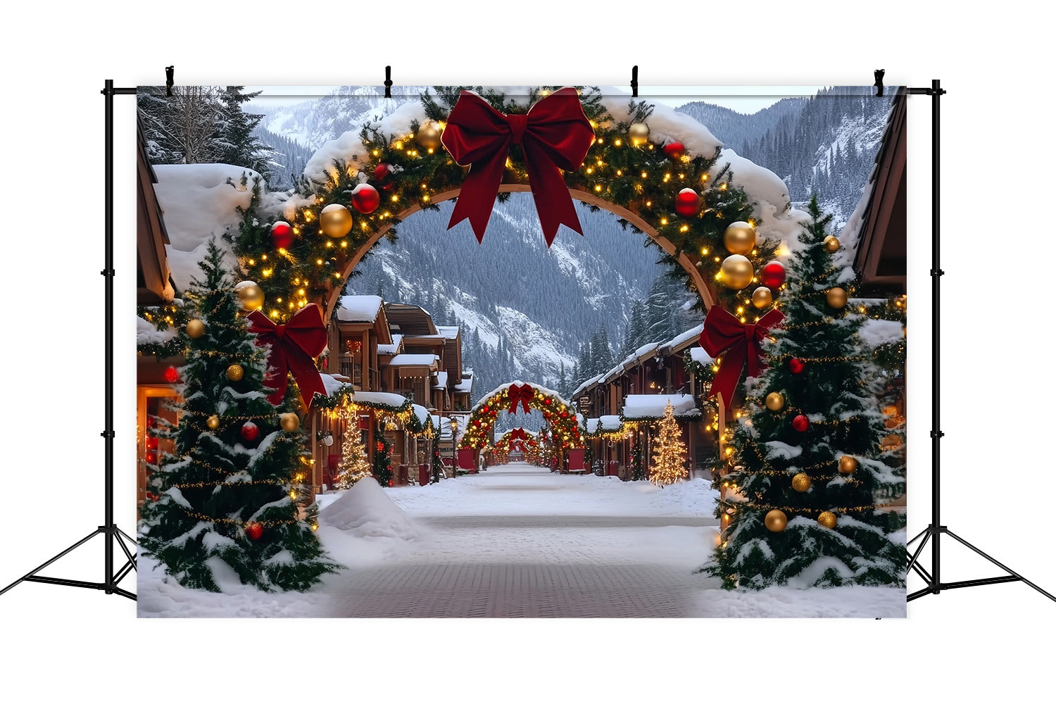 Toile de fond photo Noël Village Alpin Arche Rouge et Dorée TWW58-84