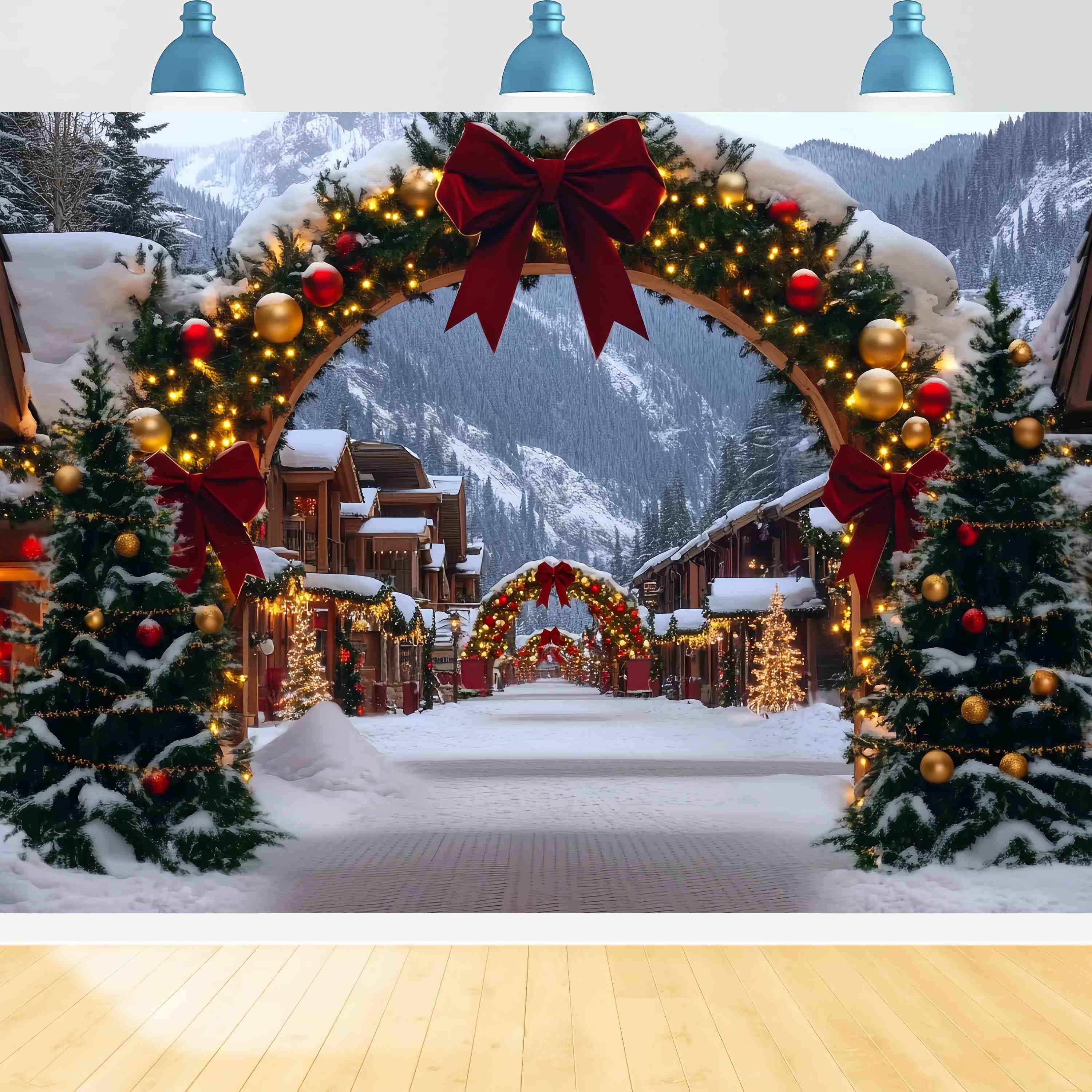 Toile de fond photo Noël Village Alpin Arche Rouge et Dorée TWW58-84