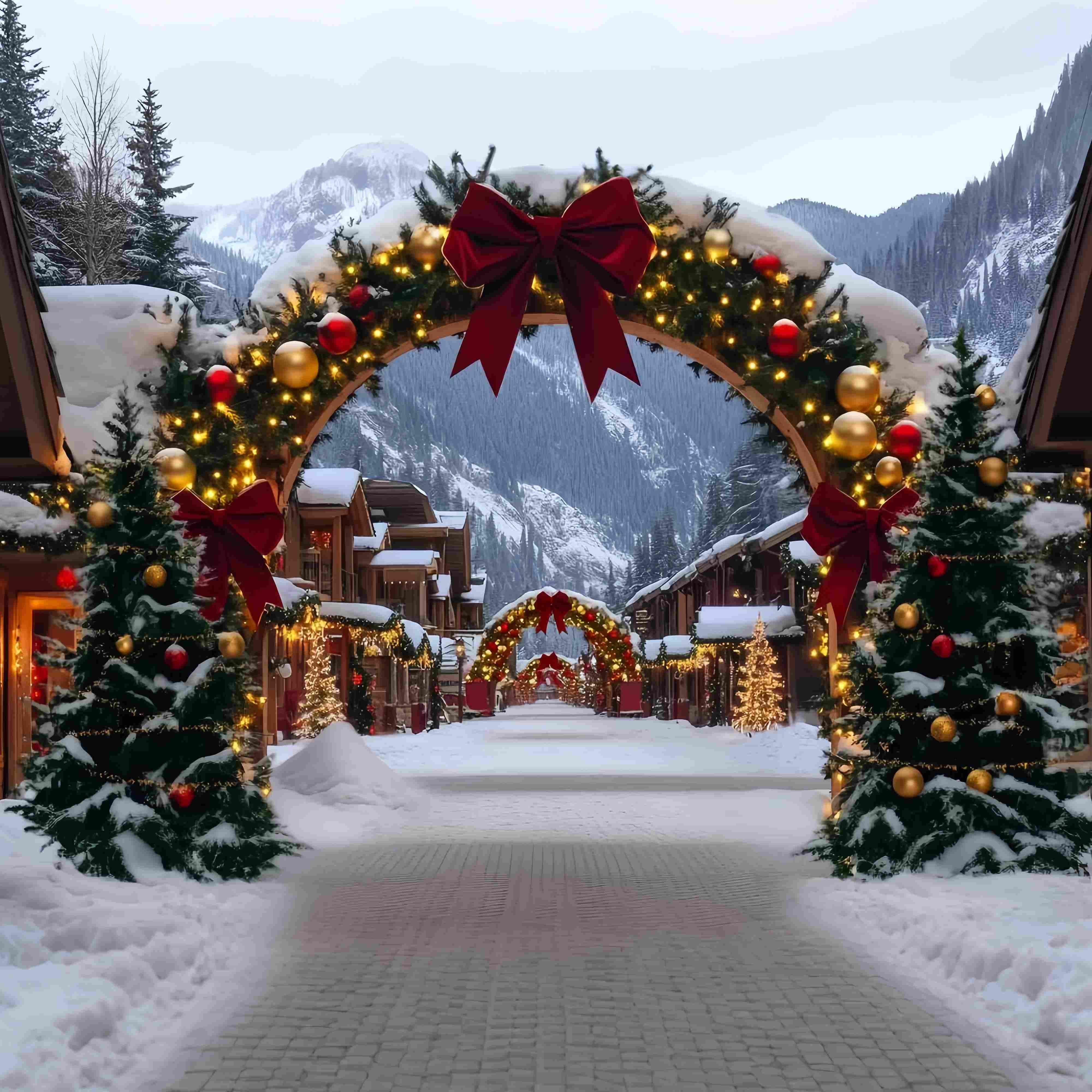 Toile de fond photo Noël Village Alpin Arche Rouge et Dorée TWW58-84
