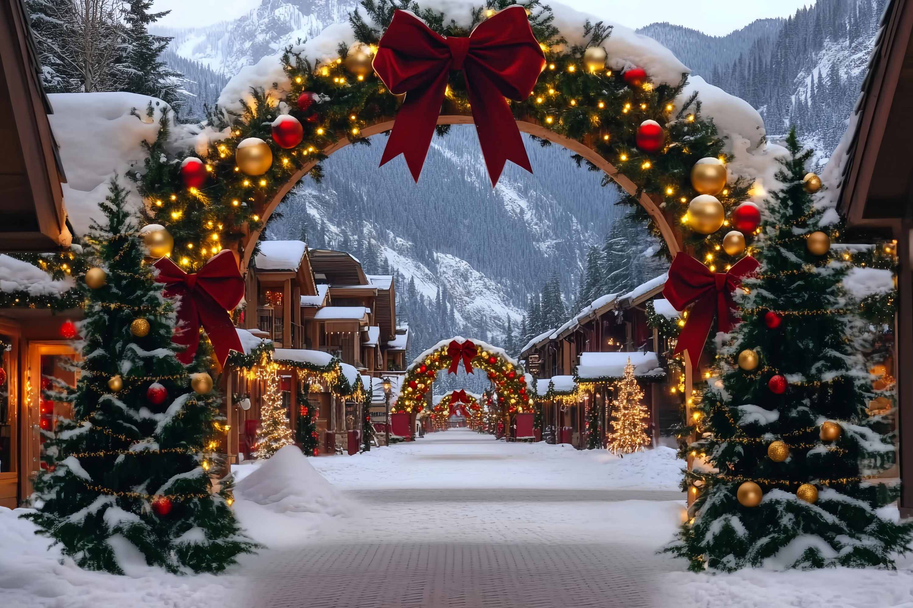 Toile de fond photo Noël Village Alpin Arche Rouge et Dorée TWW58-84