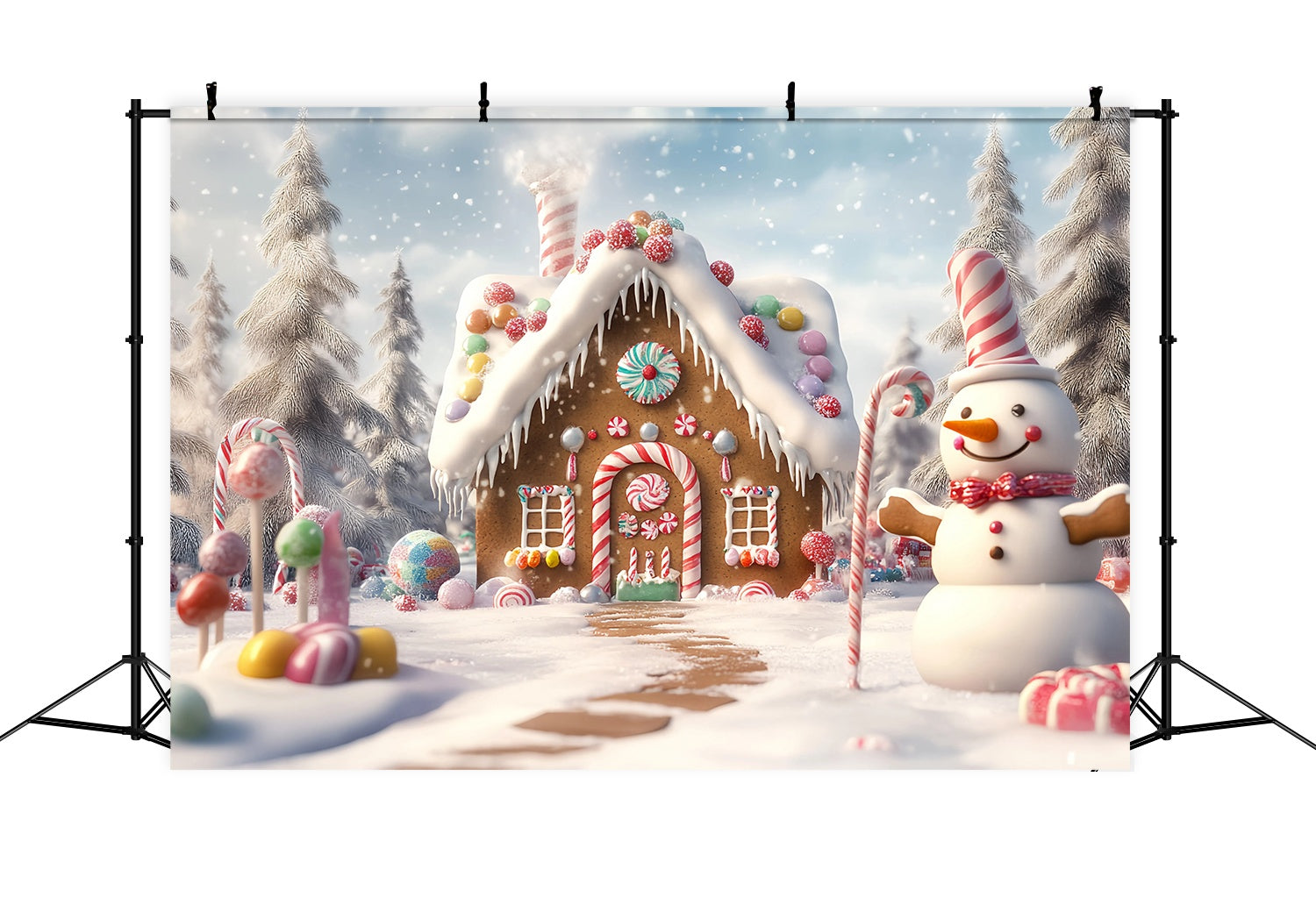 Toile de fond Noël Maison Pain d’Épices Bonhomme de Neige Jardin Sucré 10x10 TWW58-88