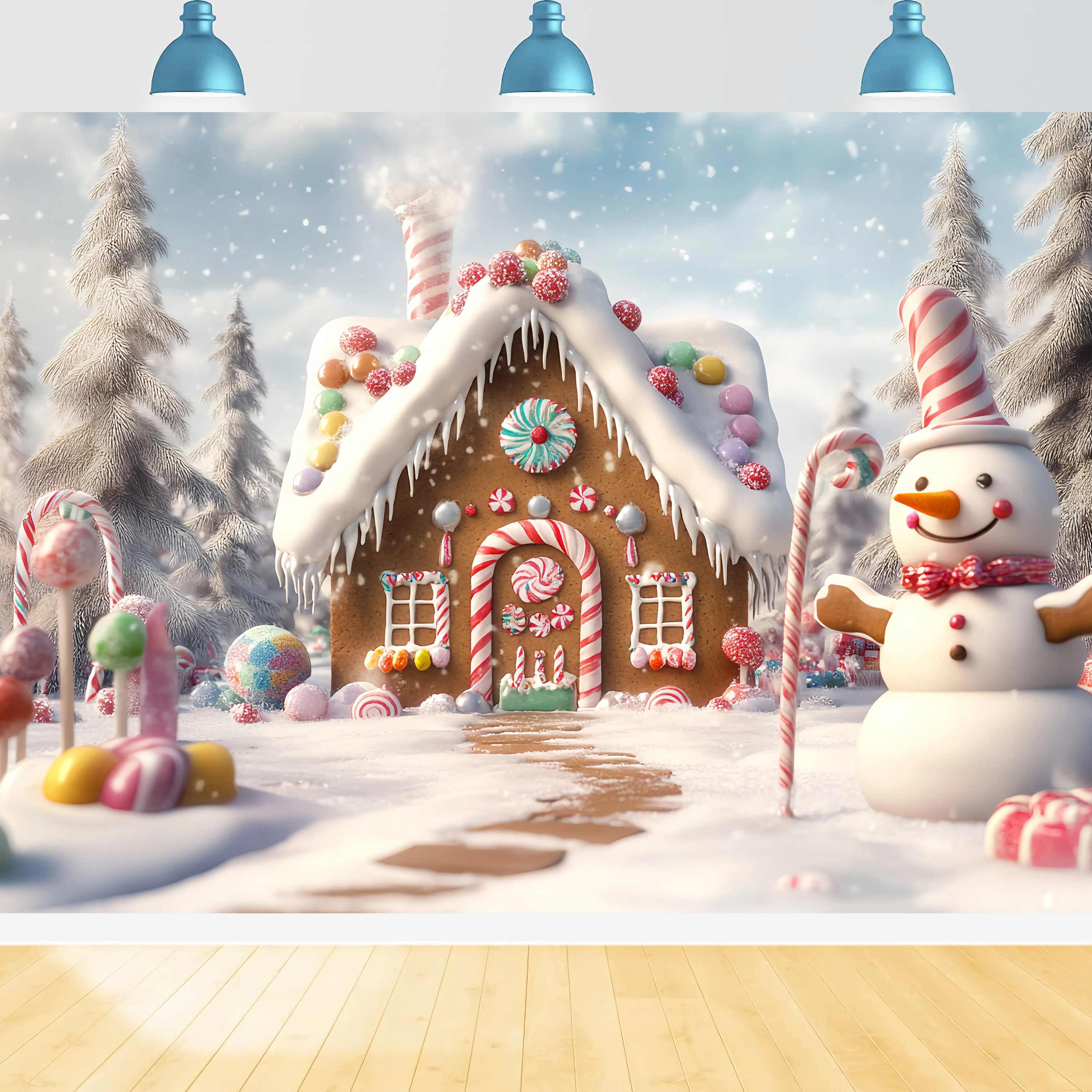Toile de fond Noël Maison Pain d’Épices Bonhomme de Neige Jardin Sucré 10x10 TWW58-88