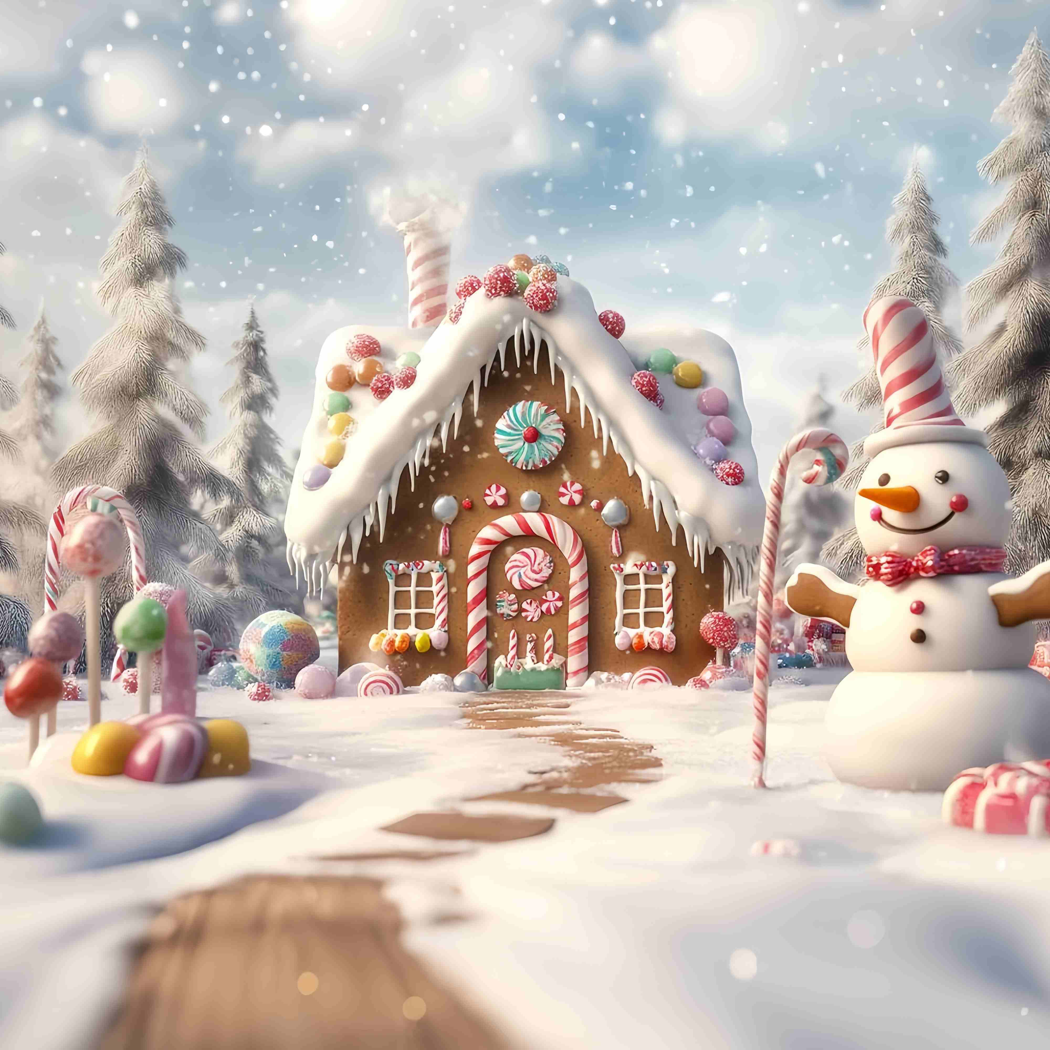 Toile de fond Noël Maison Pain d’Épices Bonhomme de Neige Jardin Sucré 10x10 TWW58-88