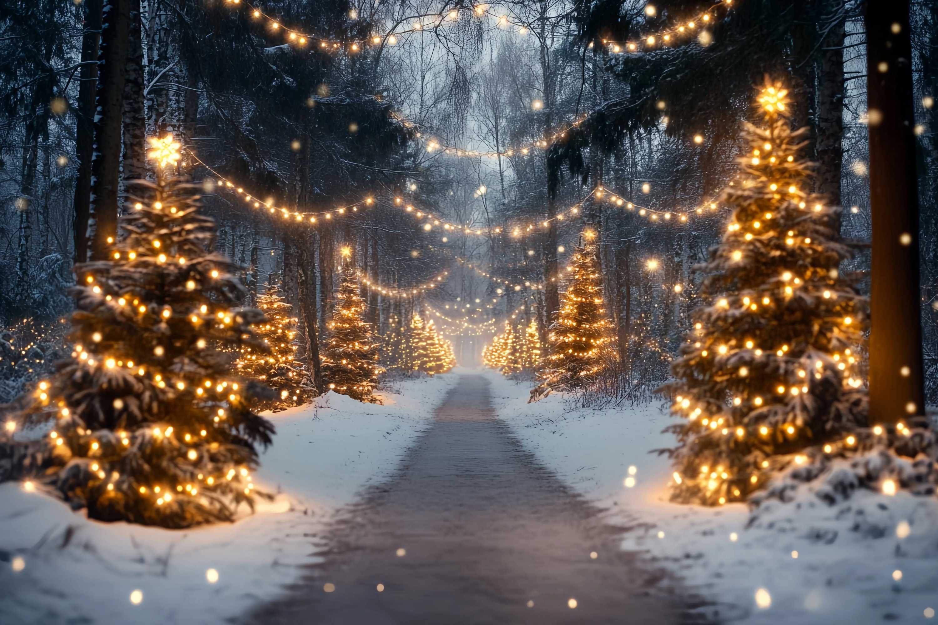 Toile de fond photo Noël Ferme de Sapins Sentier Enneigé Lumières Dorées TWW58-89