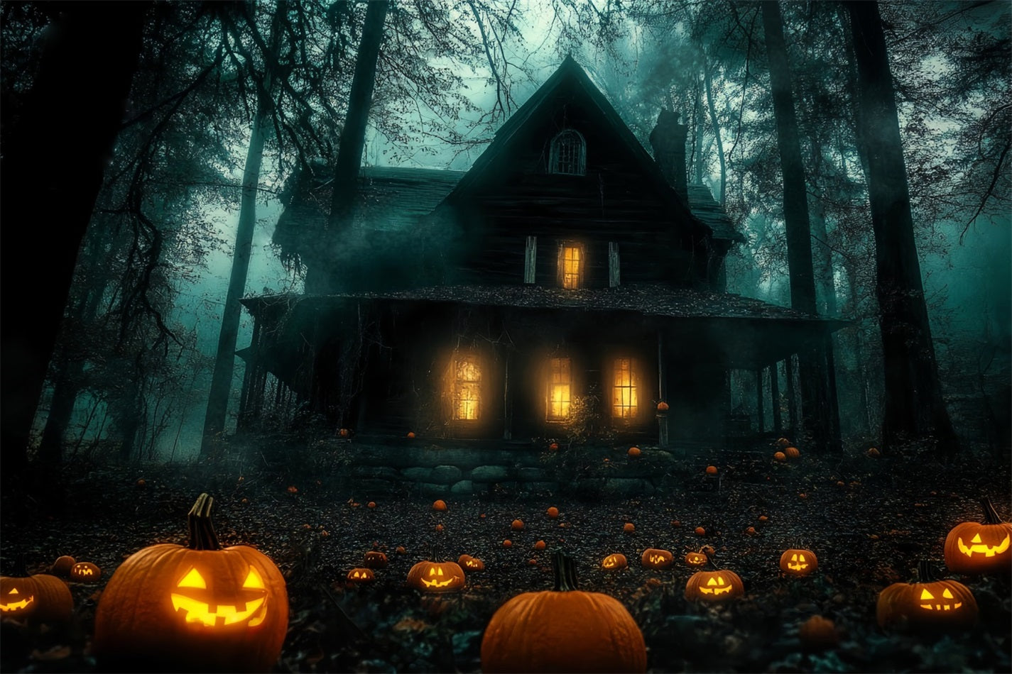 Toile De Fond Halloween Chemin De Citrouilles Vers Maison Hantée En Forêt TWW58-9
