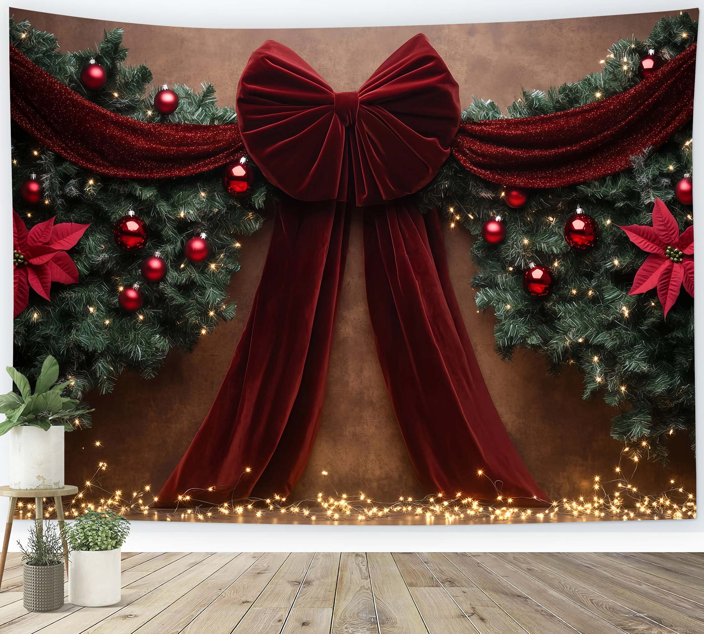 Toile de fond photo Noël Ruban Velours Rouge Guirlande Décor Poinsettia TWW58-90