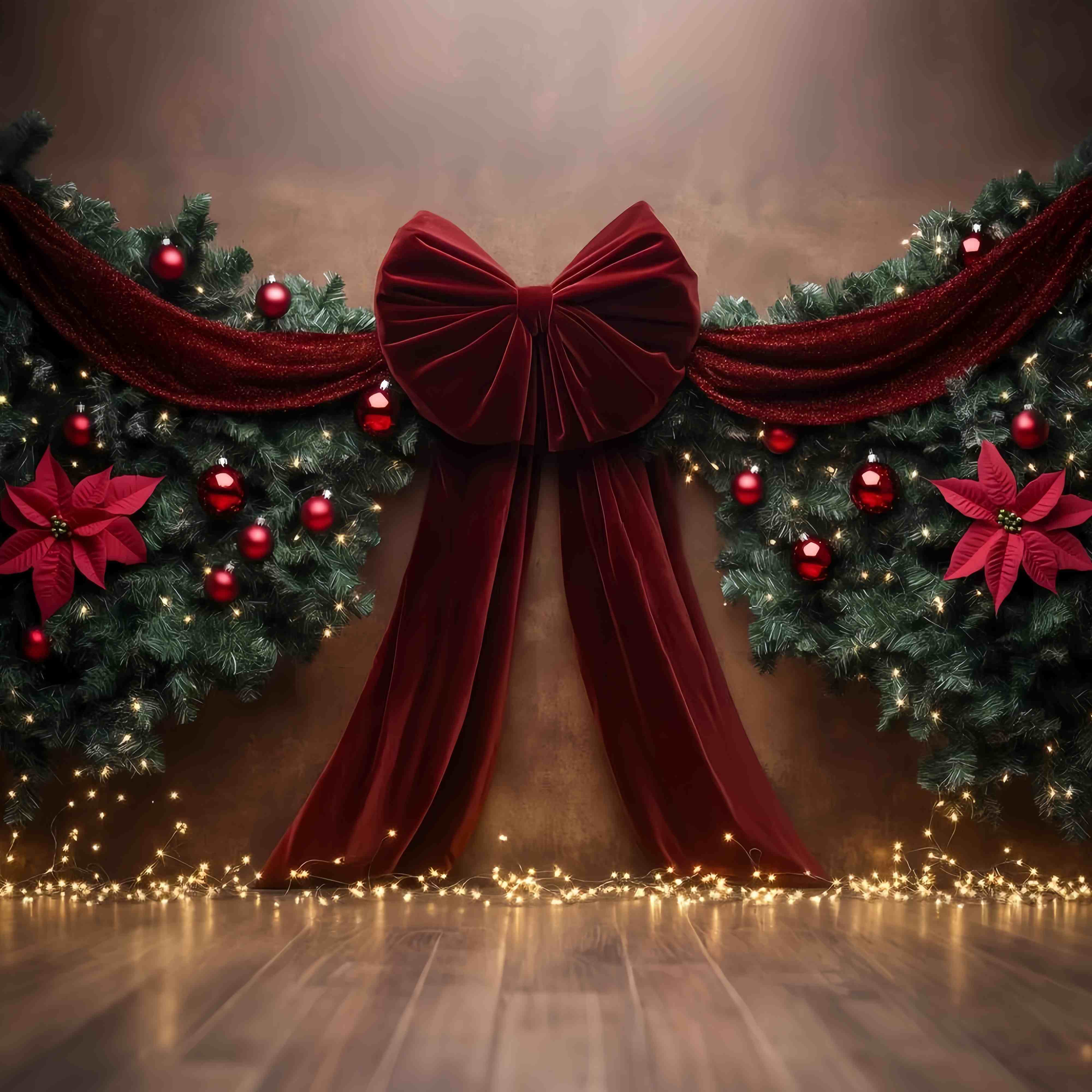 Toile de fond photo Noël Ruban Velours Rouge Guirlande Décor Poinsettia TWW58-90