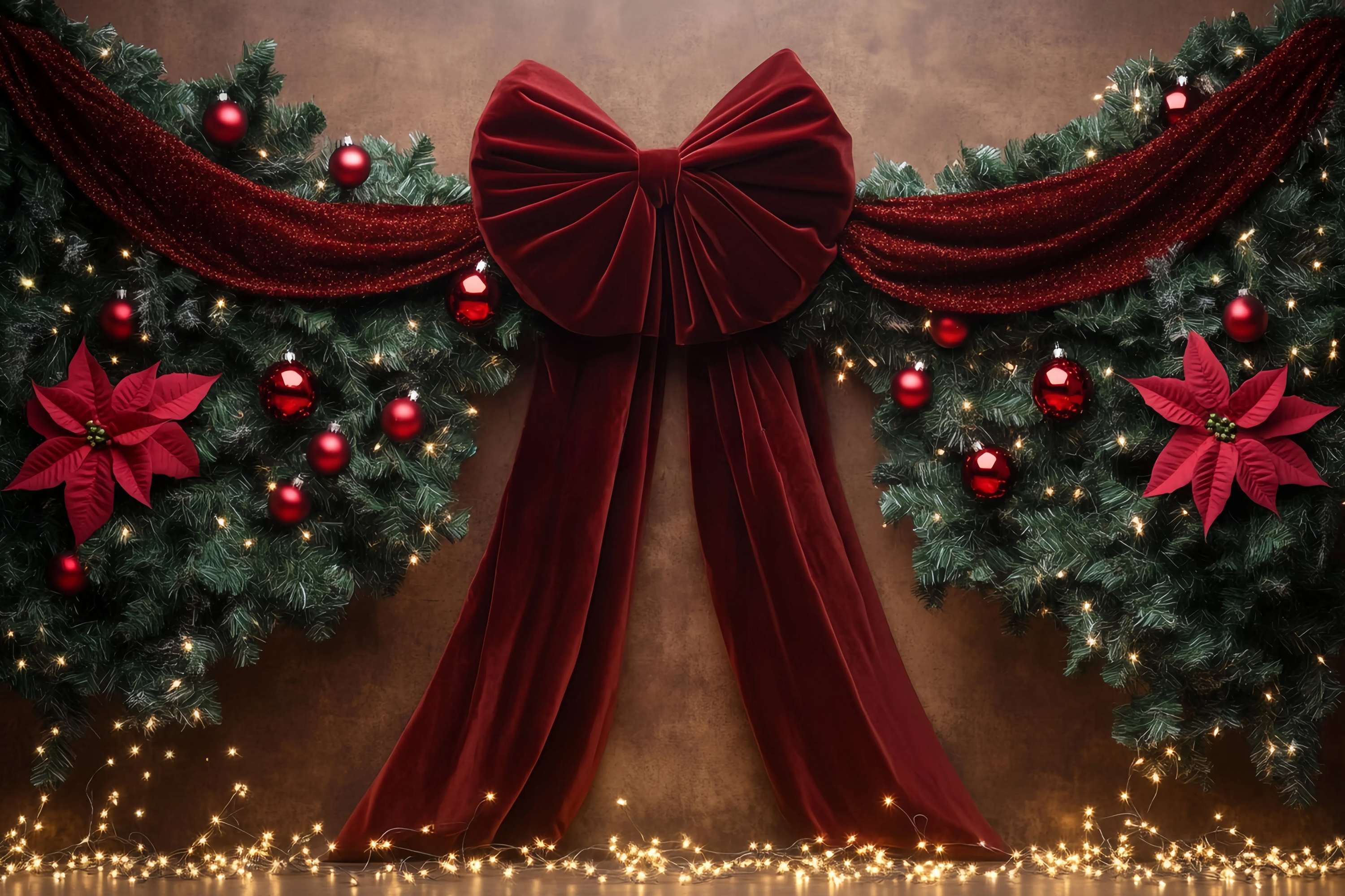 Toile de fond photo Noël Ruban Velours Rouge Guirlande Décor Poinsettia TWW58-90