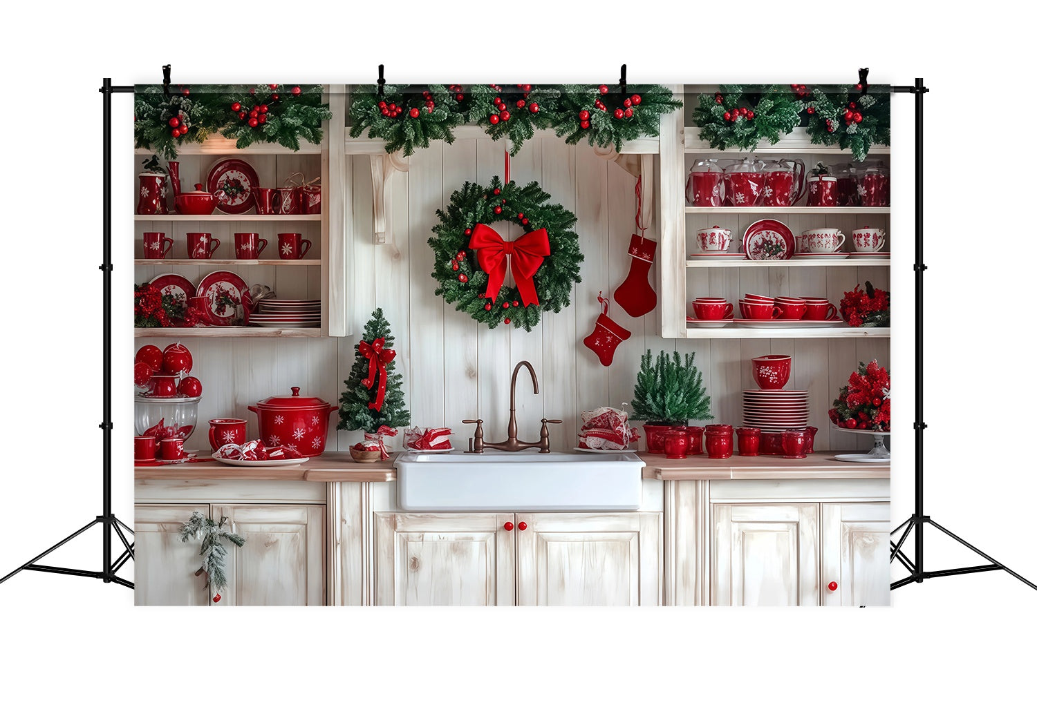 Toile de fond Noël Cuisine Festive Couronne Vaisselle Rouge TWW58-92