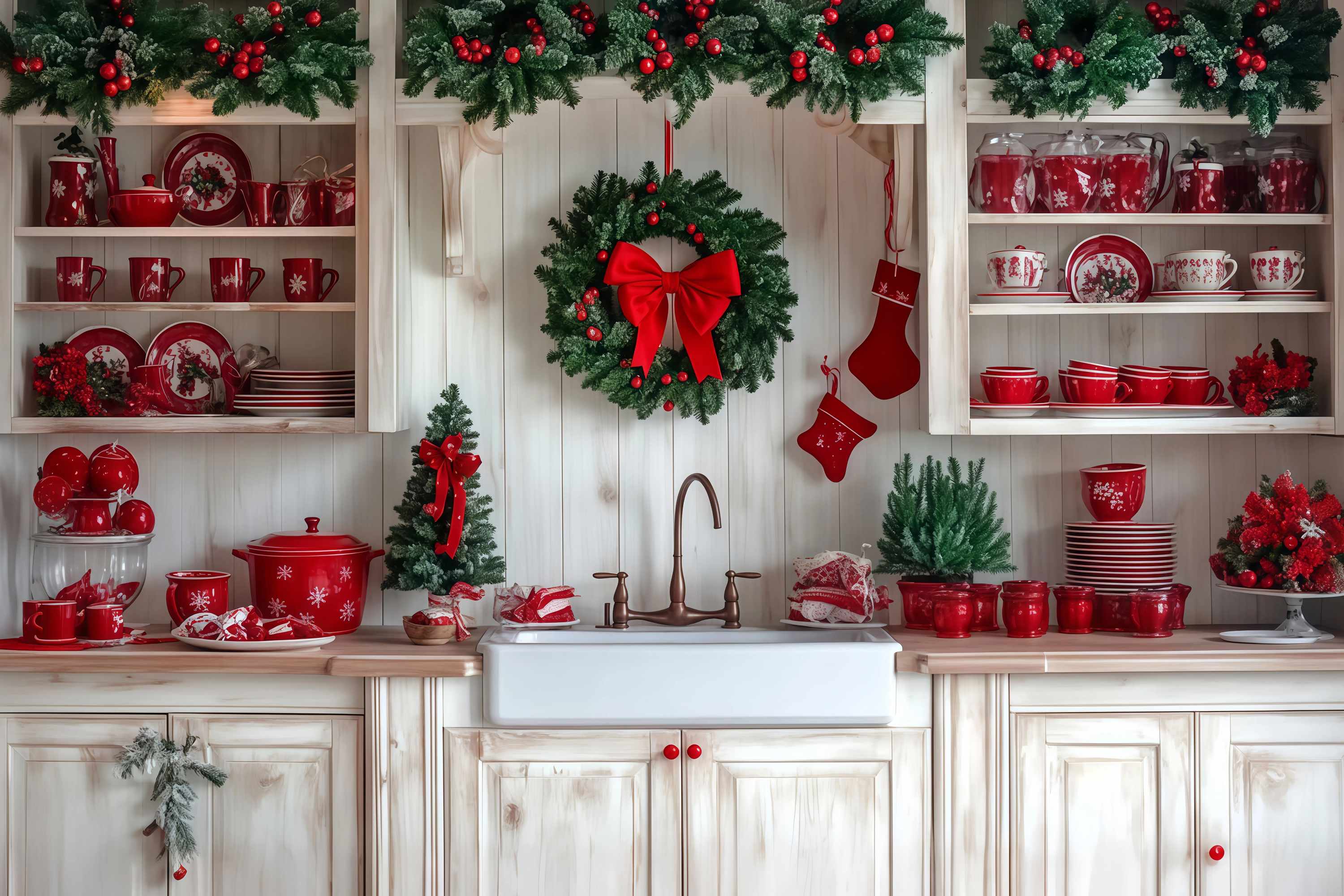 Toile de fond Noël Cuisine Festive Couronne Vaisselle Rouge TWW58-92