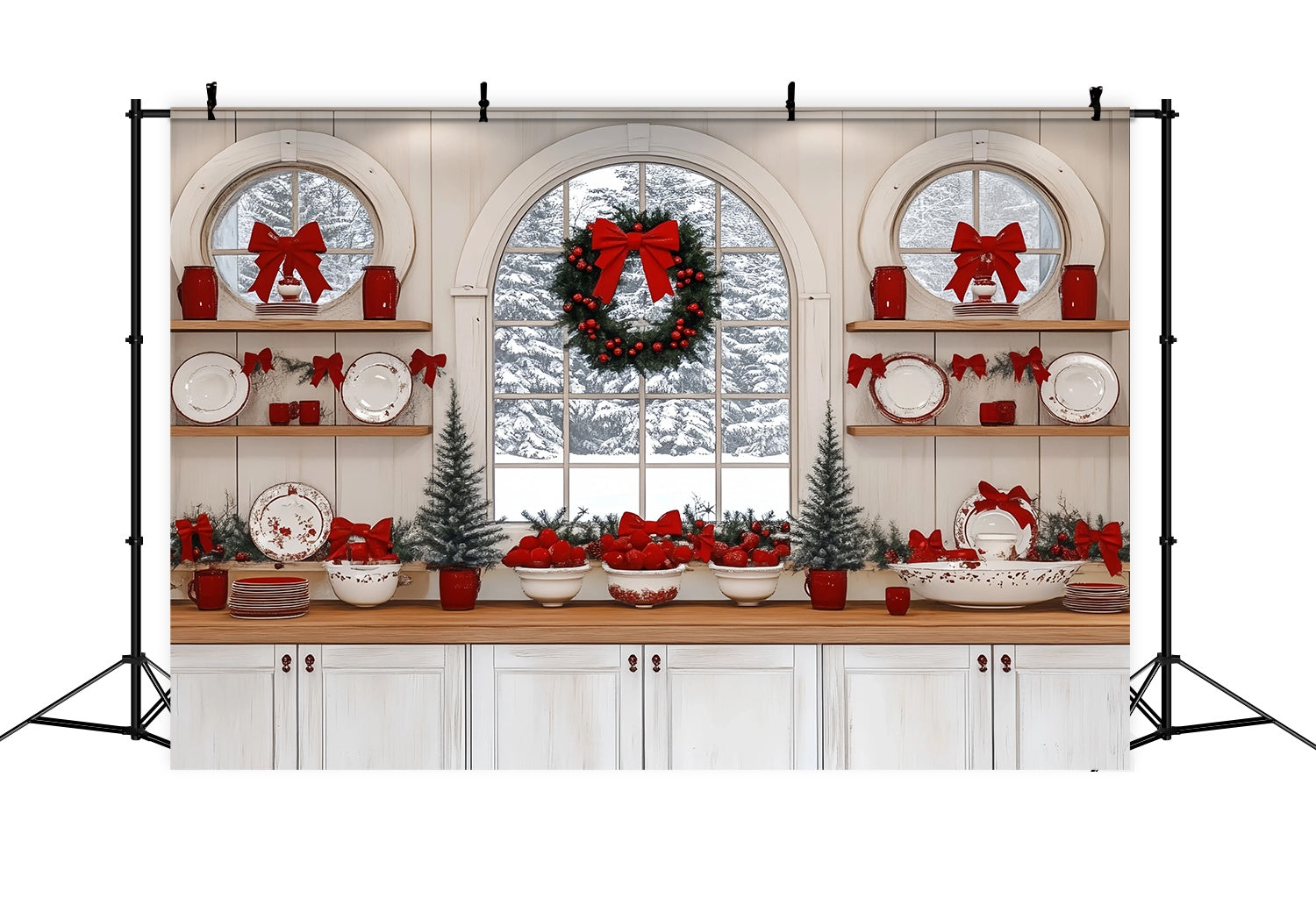 Toile de fond Noël Cuisine Fenêtre Enneigée Décor Ruban Rouge TWW58-93
