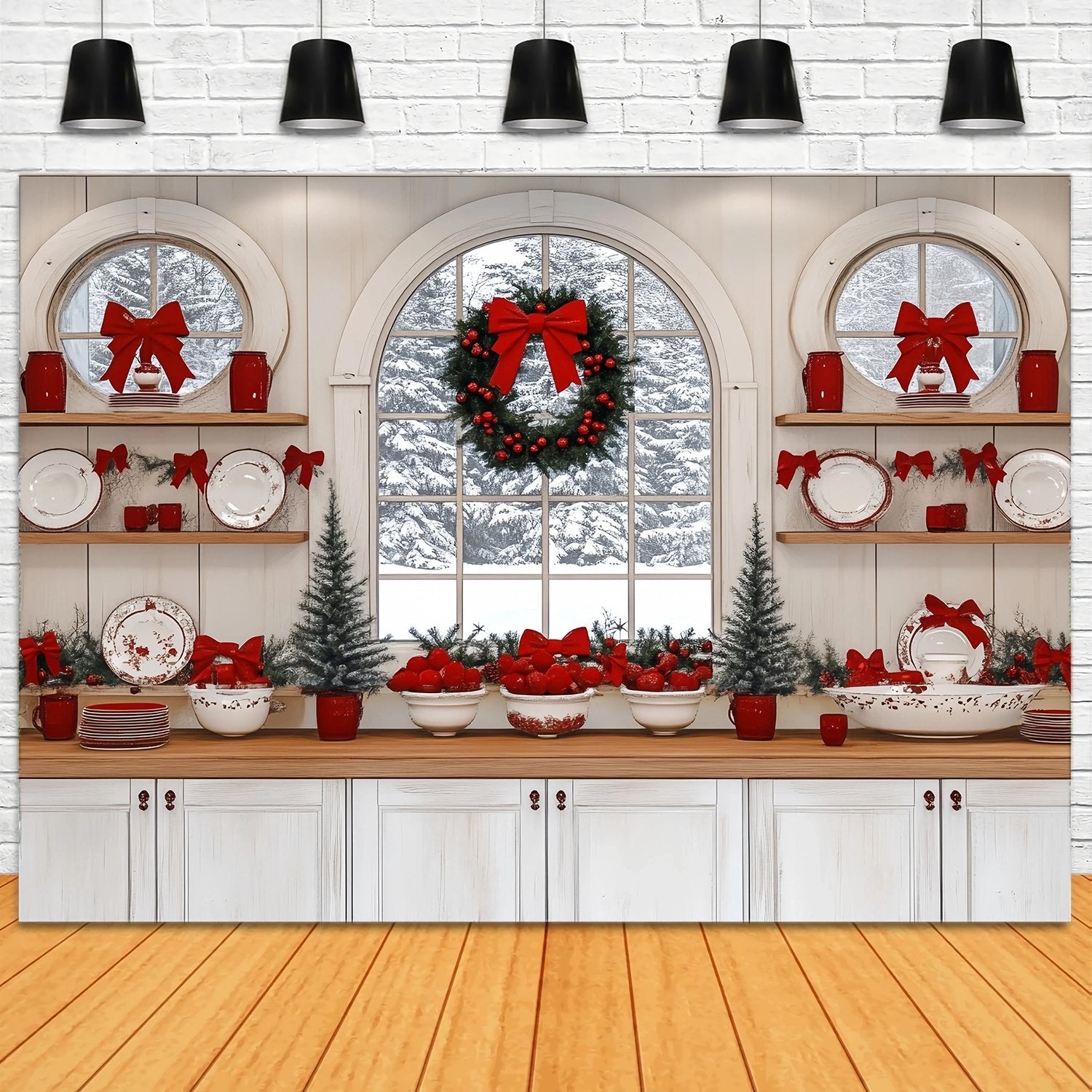 Toile de fond Noël Cuisine Fenêtre Enneigée Décor Ruban Rouge TWW58-93