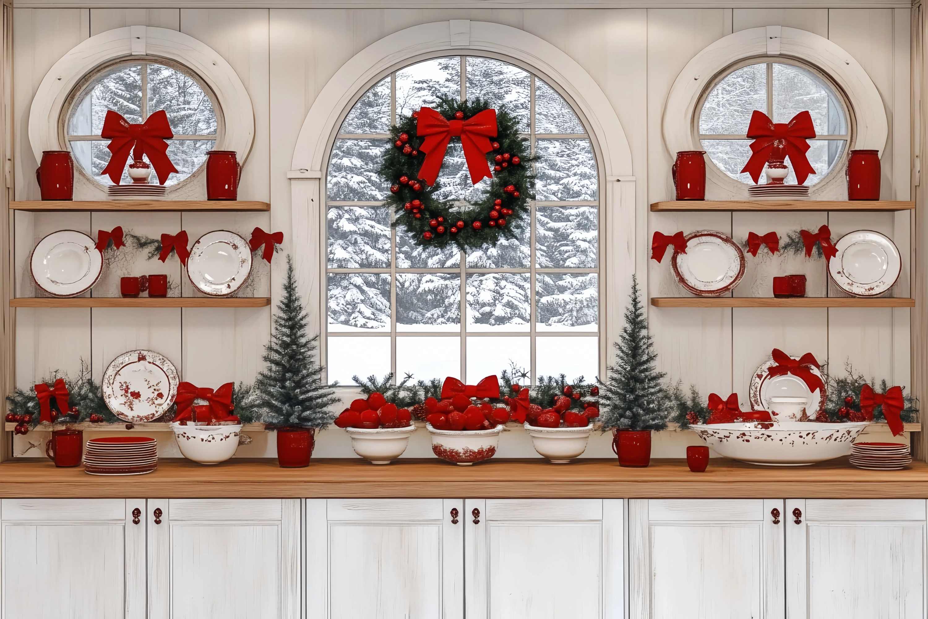 Toile de fond Noël Cuisine Fenêtre Enneigée Décor Ruban Rouge TWW58-93