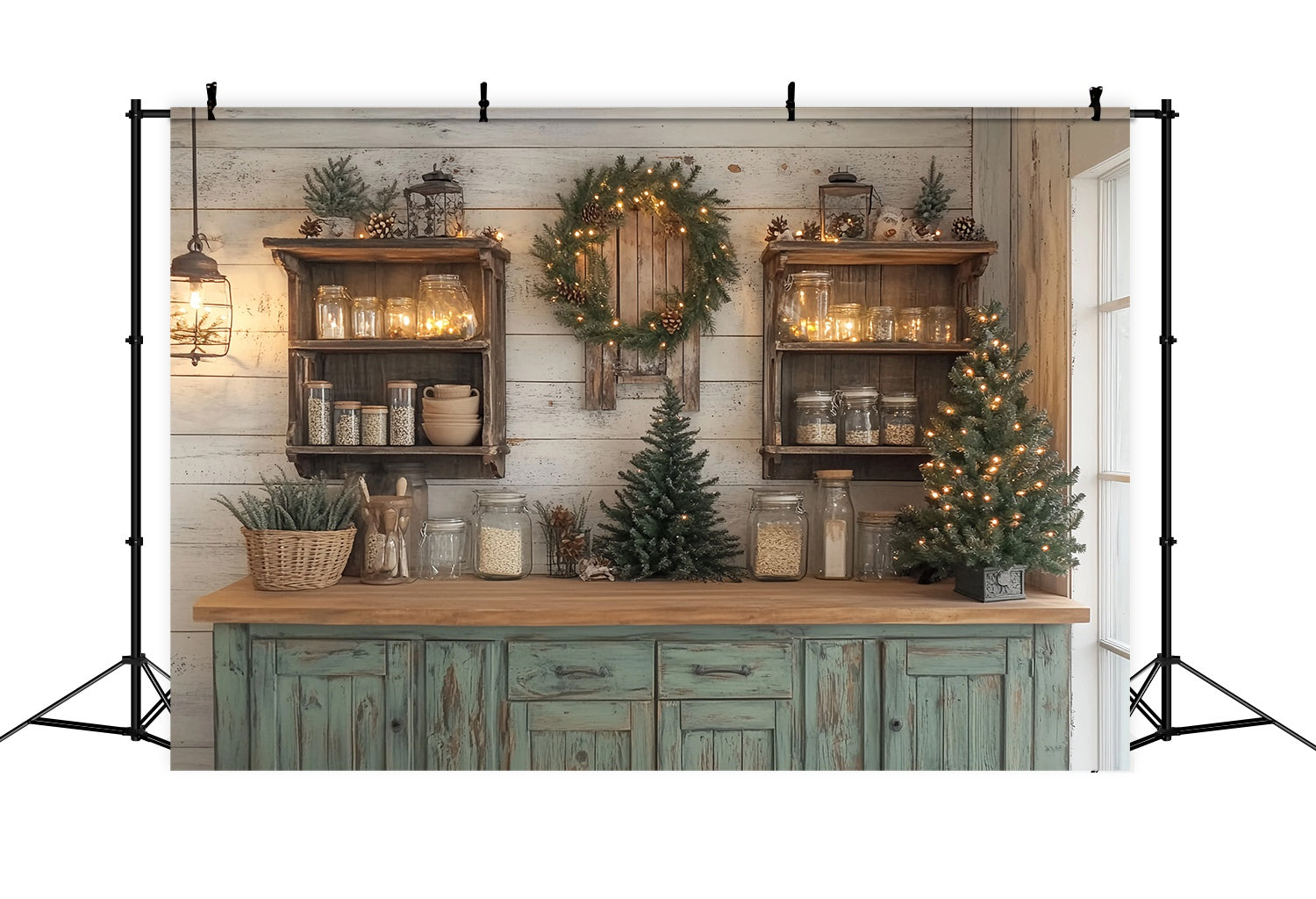 Toile de fond Noël Cuisine Rustique Étagères Guirlande de Pin TWW58-94