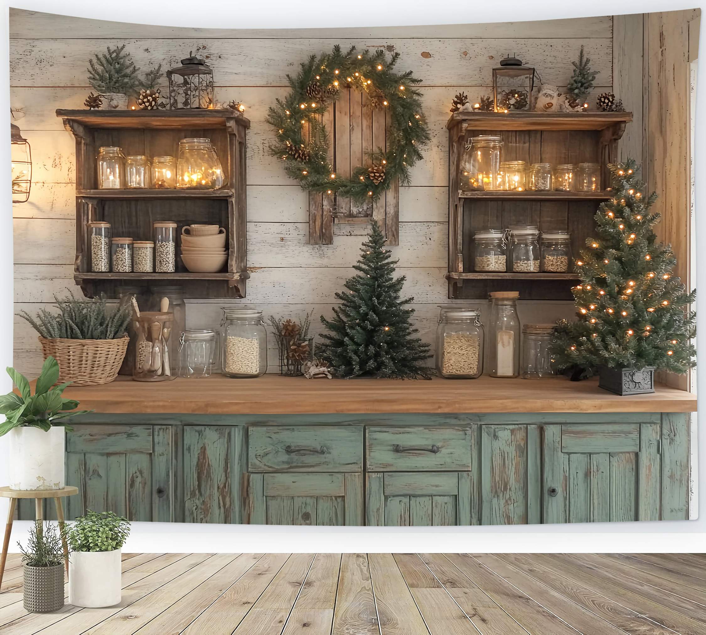 Toile de fond Noël Cuisine Rustique Étagères Guirlande de Pin TWW58-94