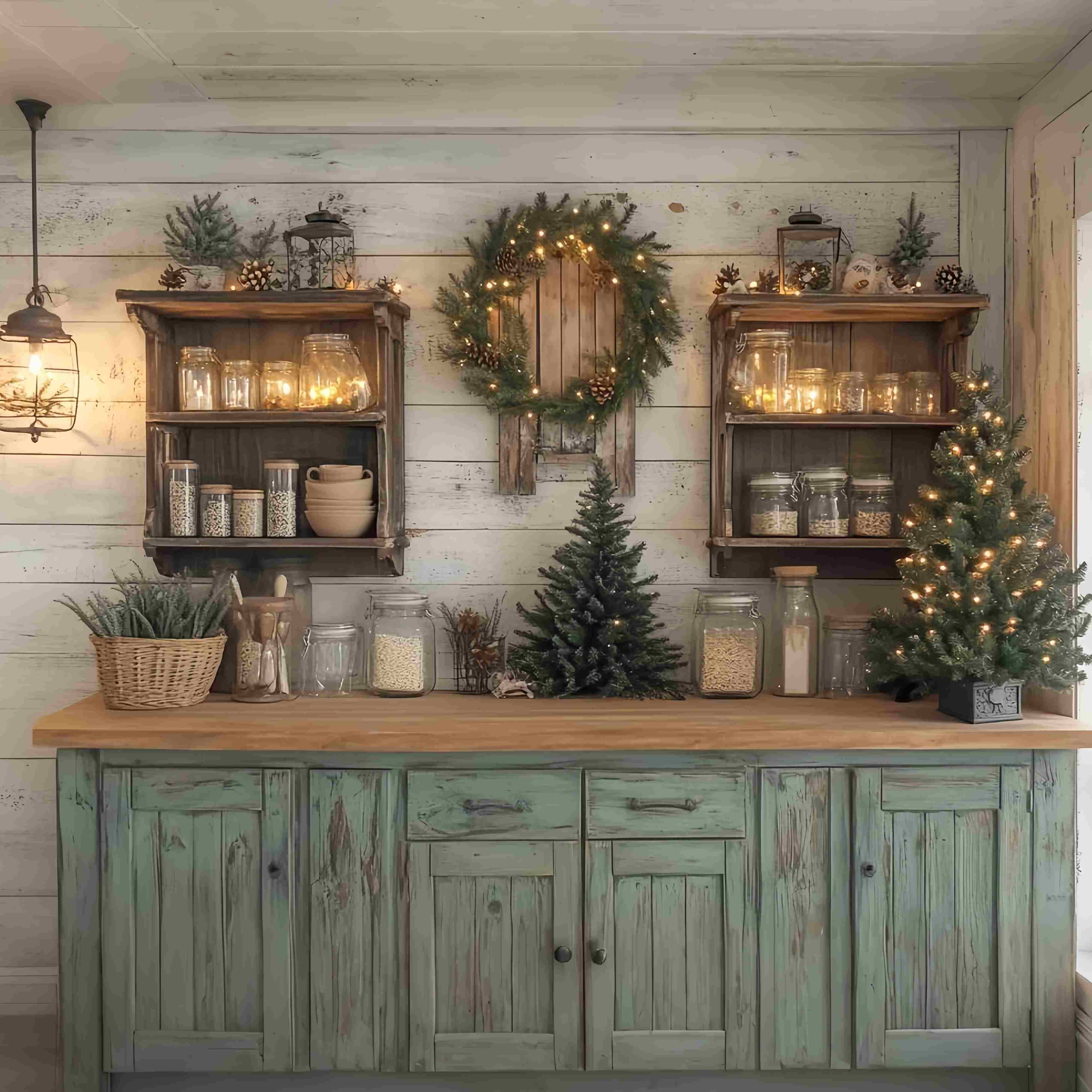 Toile de fond Noël Cuisine Rustique Étagères Guirlande de Pin TWW58-94