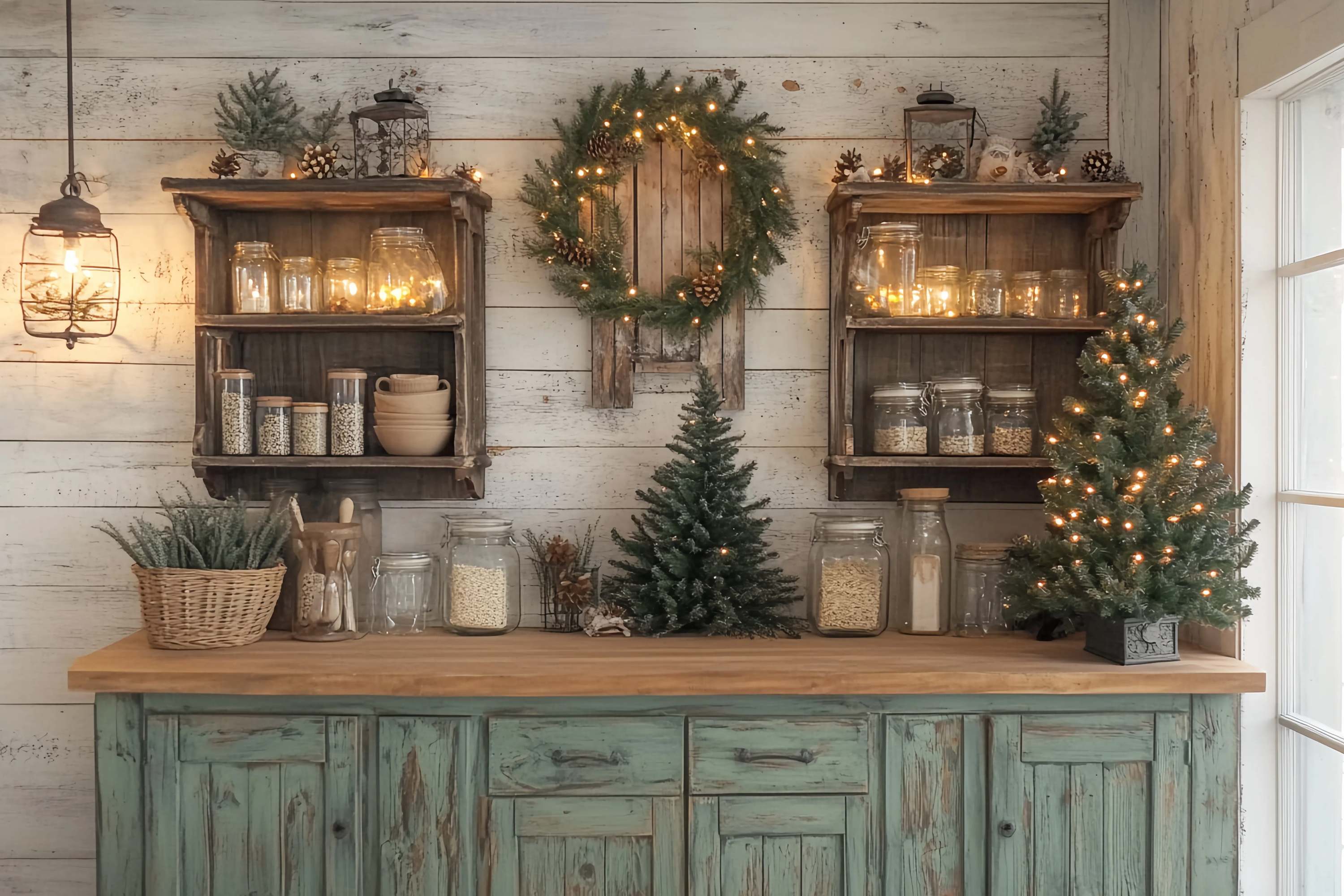 Toile de fond Noël Cuisine Rustique Étagères Guirlande de Pin TWW58-94